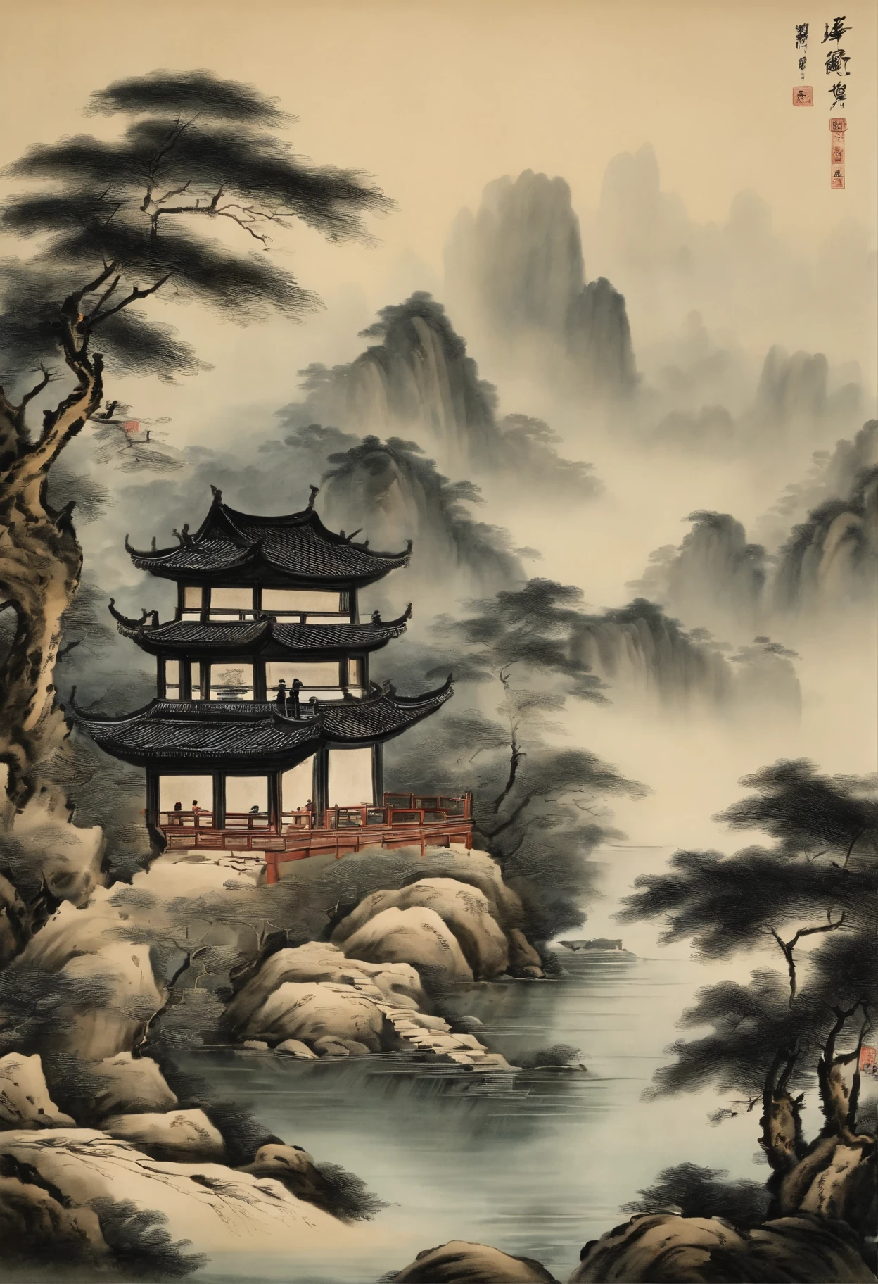 Chinese，Chinese landscape，Traditional Chinese painting，Ancient rhyme Jiangnan，Yamakawa，Cypress，Pavilions，Leave white space，elegant