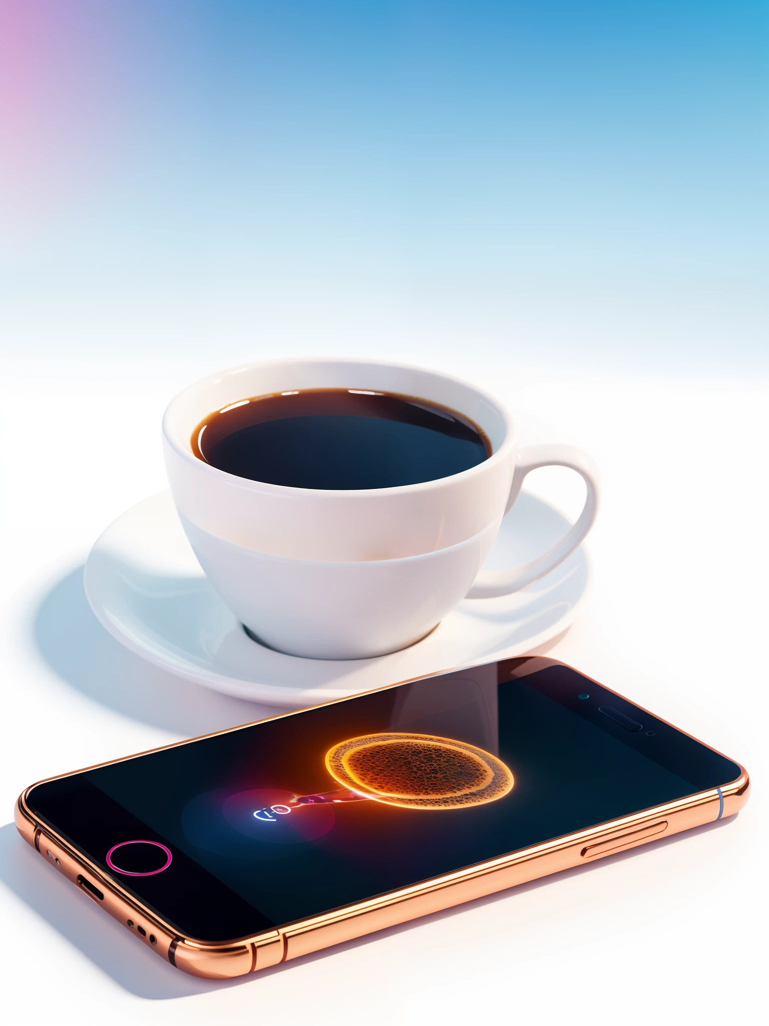 There is a cup of coffee and a mobile phone on the table, coffee, phone, Phone call with hologram, The smartphone of the future, Icons on a white background