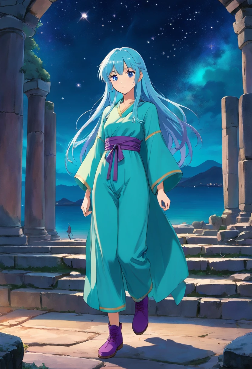A beautiful young woman (1 girl) about 20 years old. Long light blue hair, straight hair, ((messy)) hair, ((bangs)) and big (right turquoise, left purple) eyes. Turquoise tunic and purple tide pants. Leather boots. Greek templo ruins background at night, with a starry sky.