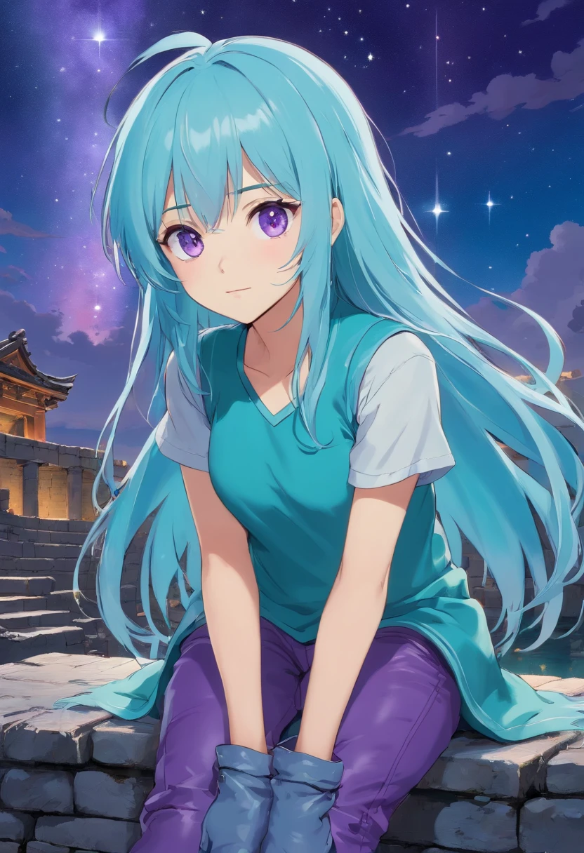 A beautiful young woman (1 girl) about 20 years old. Long light blue hair, straight hair, ((messy)) hair, ((bangs)) and big (right turquoise, left purple) eyes. Turquoise tunic and purple tide pants. Leather boots. Greek templo ruins background at night, with a starry sky.