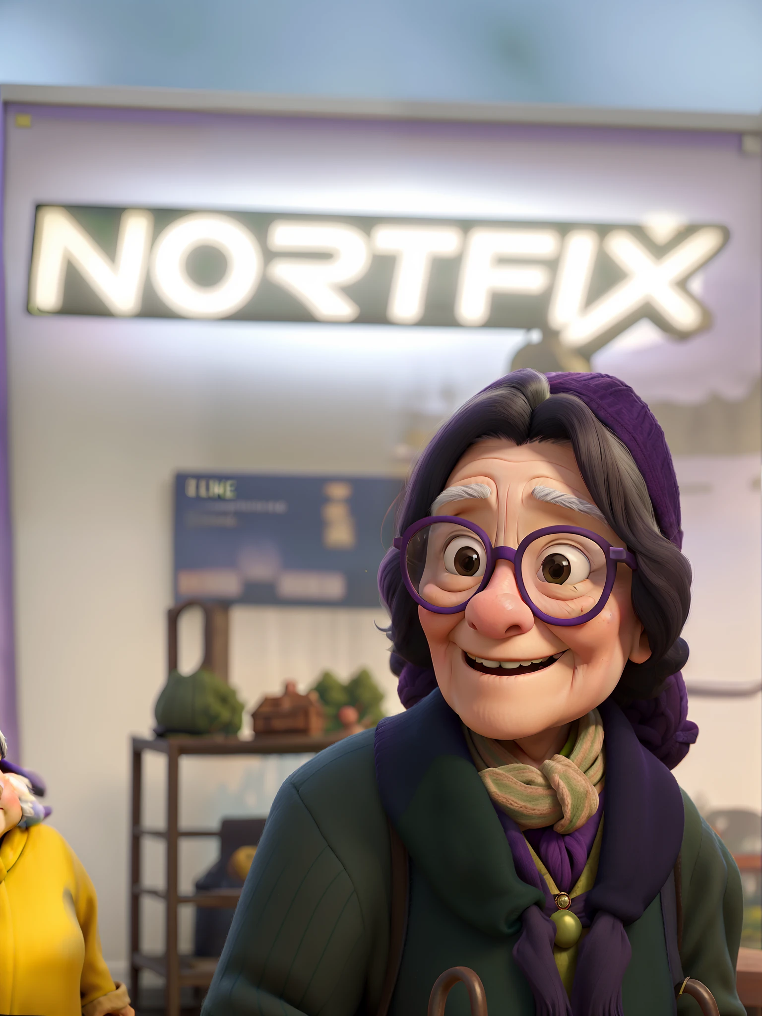 masterpiece, best quality, an old woman with glasses and a scarf on, wearing a purple coat and green scarf, standing at the park