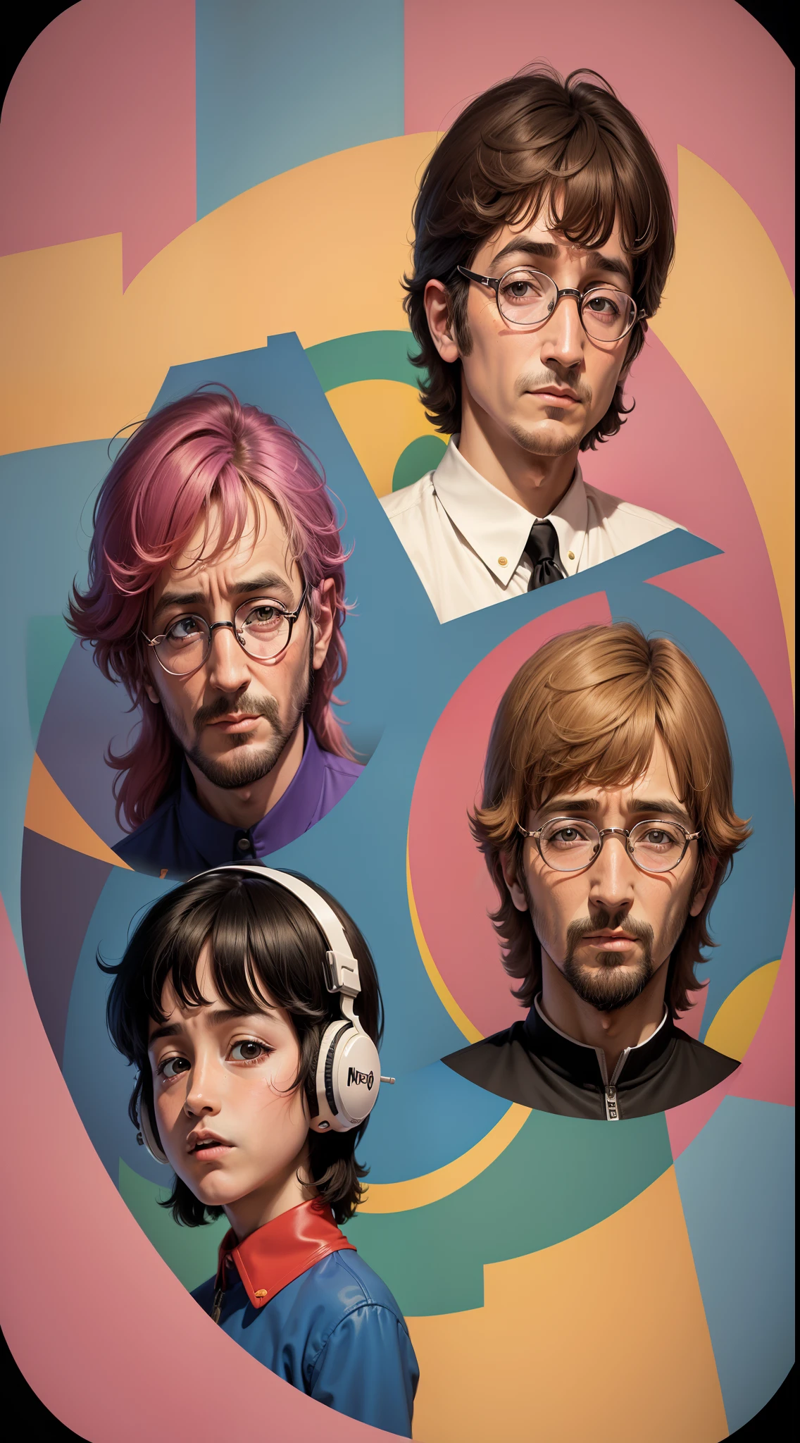 centrado, Isometric, Printable Ready Vector T-Shirt Art Highly Detailed Colorful Graffiti Illustration By John Lennon, Paul McCartney, George Harrison and Ringo Starr as children, Usar auriculares, Caras altamente detalladas, Color vibrante, High detail, dividido en cuatro cuadrantes