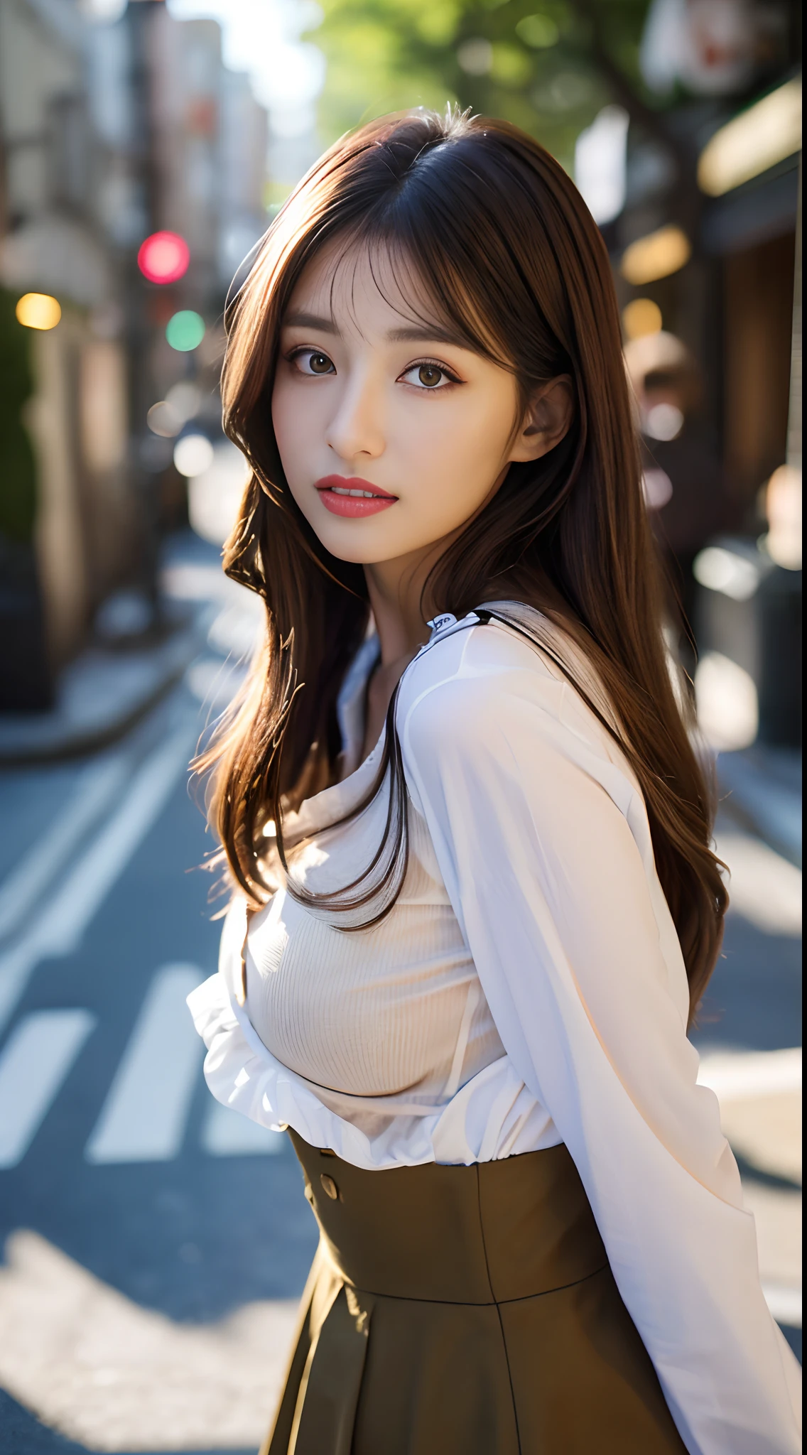 ((top-quality、8k、​masterpiece:1.3))、foco nítido:1.2、Perfect Body Beauty:1.4、Slim abs:1.2、((dark brown  hair、huge tit:1.2))、(natural soft light、street corner:1.1)、Highly detailed facial and skin texture、A detailed eye、二重まぶた、(((dynamic ungle))),Japan female, 25 years old、1人、Long sleeved shirt with long tight skirt、a necklace