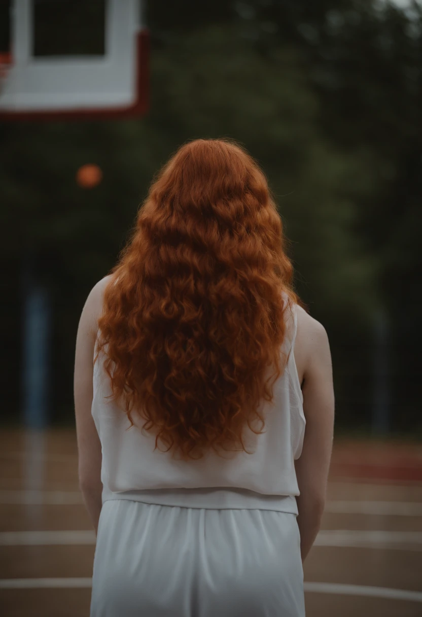 photo d'une femme rousse, cheveux long roux clair, habillée d'une tenue de pompom girl sexy, arrière plan terrain de basketball