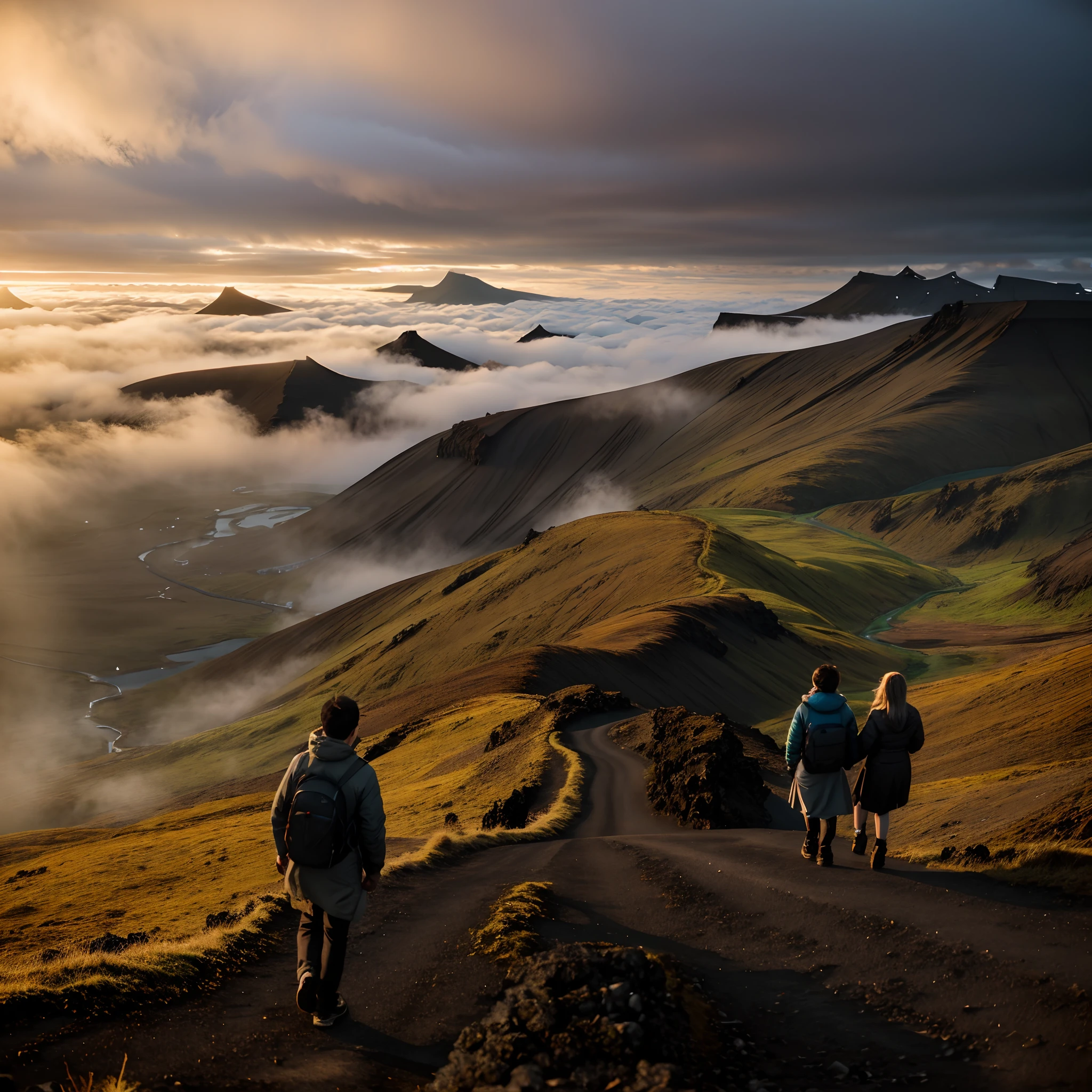 People walk on the hills,Cloudy sky in the background, max rive, iceland, by Raymond Han, walking above the clouds and fog, iceland photography, author:Alexander Jean, author:Shen Zhecai, marc adamus, volcano landscape, author:xp-tan, most epic landscape, breath-taking, author:Alexander Giemsky, author:Alexander Bogan