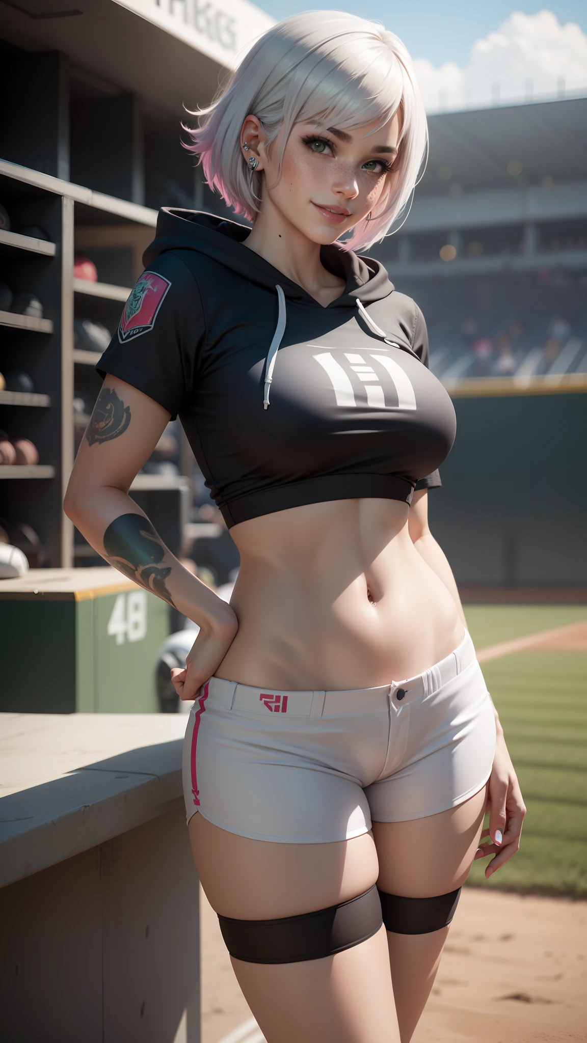 gwen tennyson,y'shtola rhul,yorha 2b, tracer,nier automata,overwatch,close up,mecha pilot,baseball stadium,tattoos, orange and pink plugsuit,white short sleeve lycra top,steel lycra micro shorts,steel garter belt,uncovered belly,short hair,punk makeup,green eyes,multicolored silver hair,sexy smile, freckles,beautiful girl,large breasts, 8k,ultra detailed, realistic,fantasy art, cyborg armor,steel armor,softball game, softball uniform,ear piercings,hair pin, saiyan girl,saiyan female,short sleeve sport hoodie,