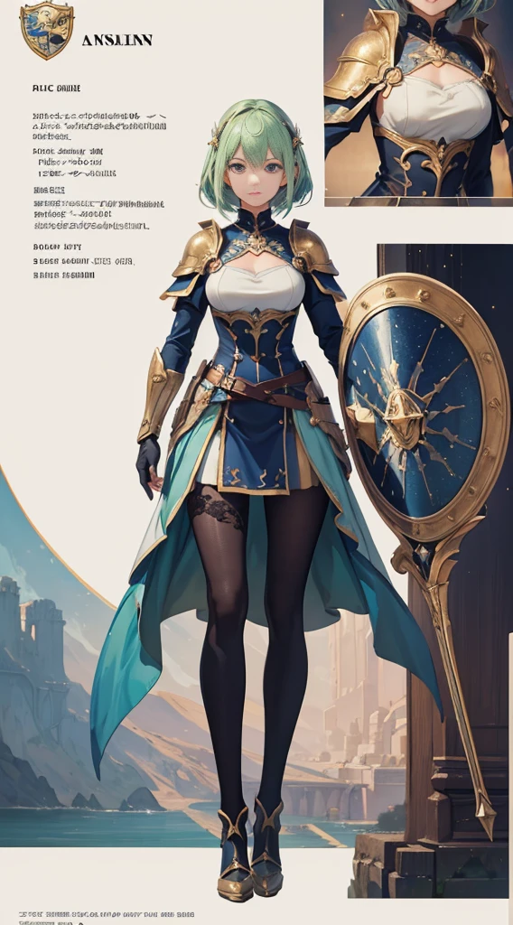 ((Masterpiece, Highest quality)), Detailed face, CharacterDesignSheet， full bodyesbian, Full of details,, Highly detailed, Depth, Many parts，Beautiful paladin girl，Holding a shield，Extremely beautiful，High Balance, Natural light, Lace，lacepantyhose，sparkling with stars，Light green hair,hentail realism, shadowing,character sheets, reference sheet, Standing painting, 8K, Super detail, 1080p, Women's HD，Slim，femele, 16k, A high resolution, Best quality, High quality, Anatomically correct, Masterpiece, ccurate, hyper HD，As graceful as a swan，unreal-engine， Ghibli-like colors, anime, Standing painting, angle of view,