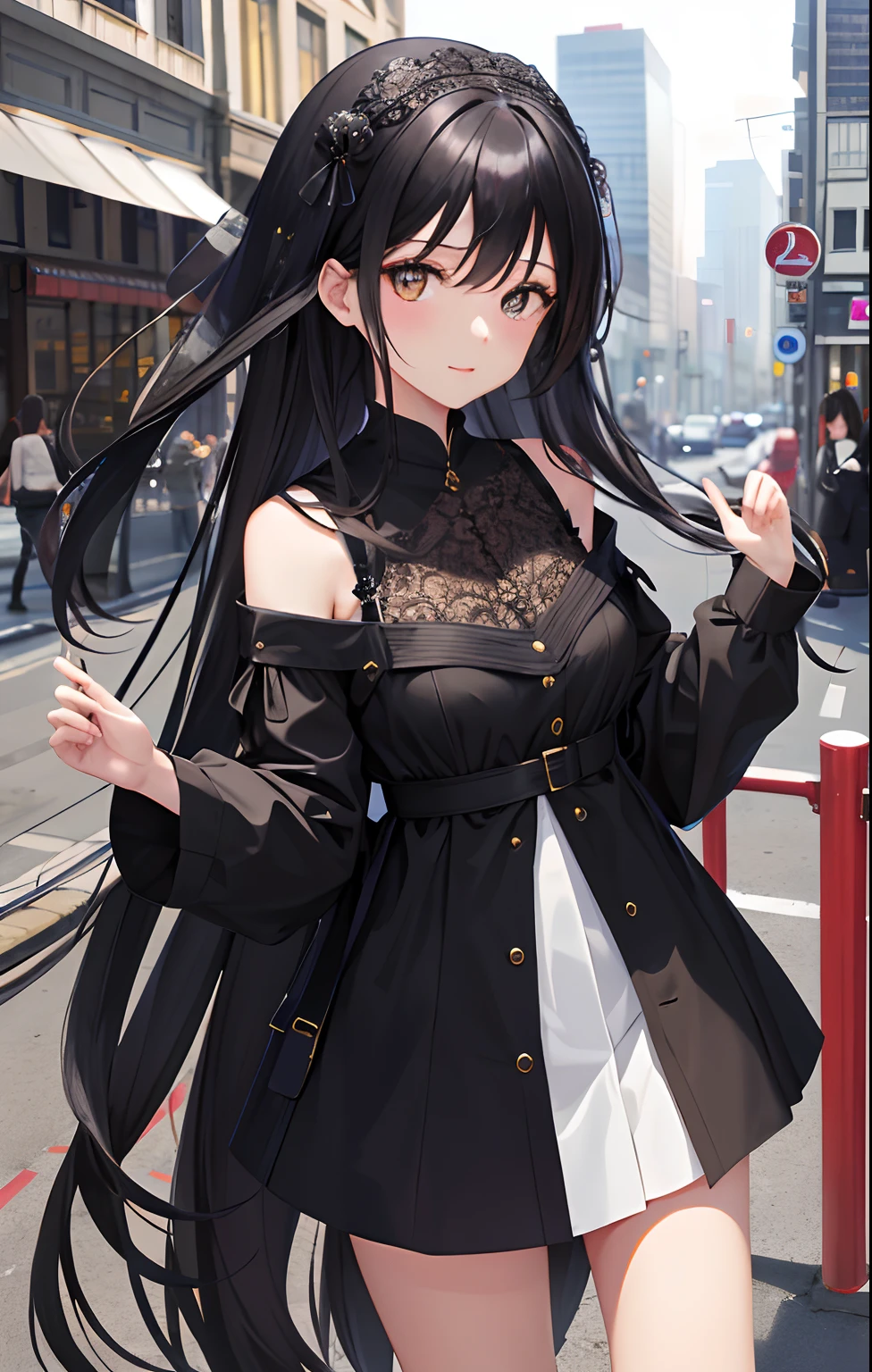top-quality、intricate detailes、1girl in、Long Black Hair、doress、(City Girl,Petioles in autumn)Complex cities