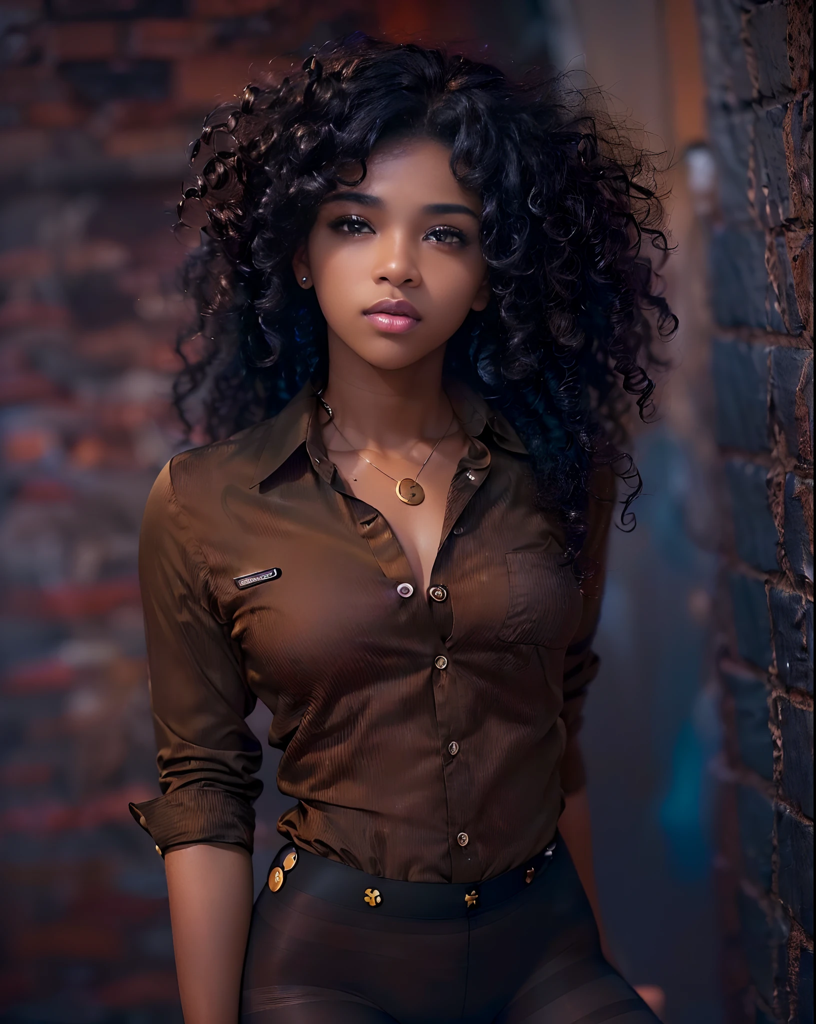 ((21-year-old))) mixed black girl, (((light skin))), (((close-up, full body pose))), (((long curly black hair))), (((seamless black pantyhose))), (((wearing mans button-up shirt, unbuttoned))), Rich, Deep Colours, (intricate details:0.9), (HDR, hyper-detailing:1.2), (natural skin textures, hyper realisitc, glistening skin, soft light, Sharp),