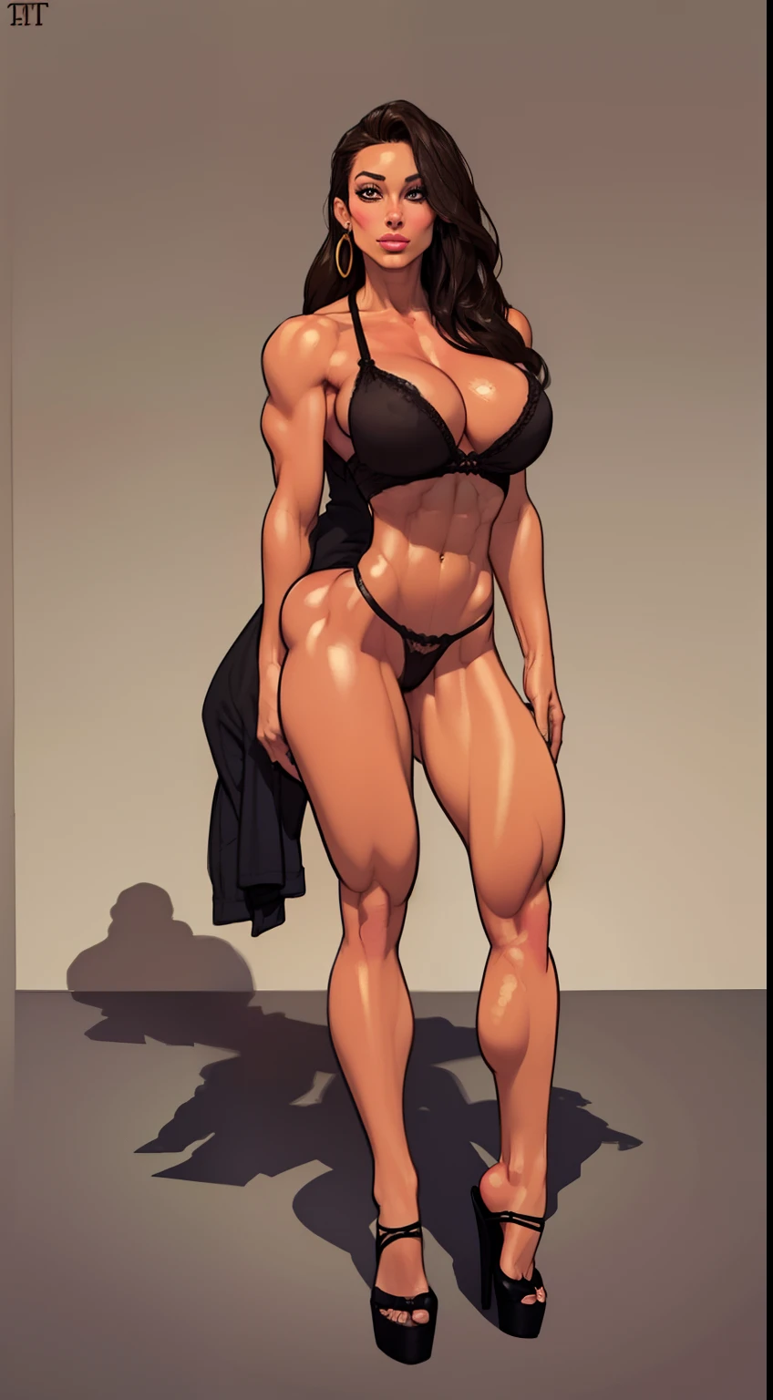 Miranda Lawson, ((full body view:1.4)) masterpiece, ((thepit style:1.4)), a drawing of a female barbarian, (pale skin:1.5), (long dark hair:1.4), muscular body, feminine, huge upper body, wide shoulders, veins, beautiful face, full lips, slim face, high cheekbones, muscular, in the art style of mohrbacher, in style of peter mohrbacher