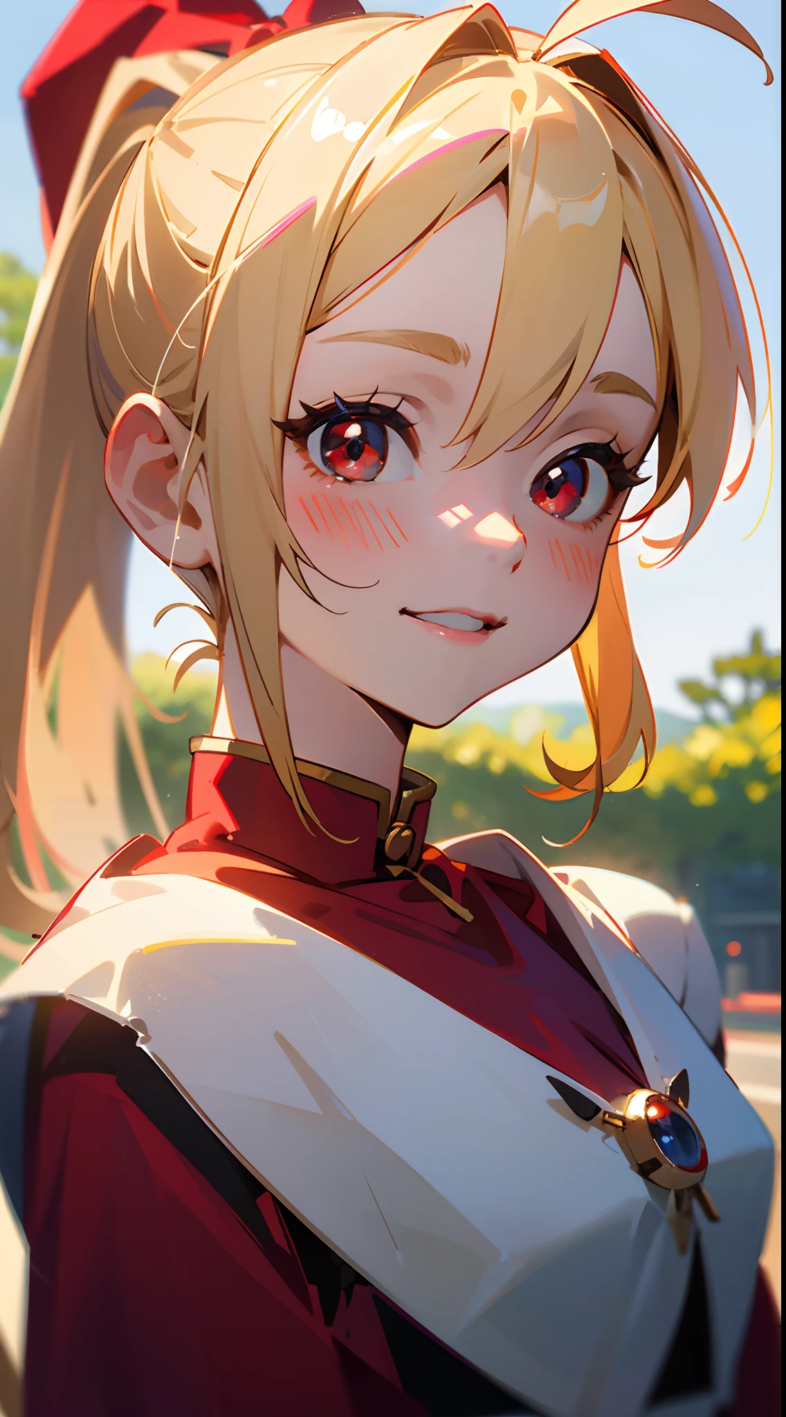 18 year old girl, Wearing a Santa costume、Blonde ponytail、Ahoge、big round red eyes、A slight smil、Laugh、small tits、Realistic painting in every detail, Christmas Outdoors、delicate detail、facial close-up