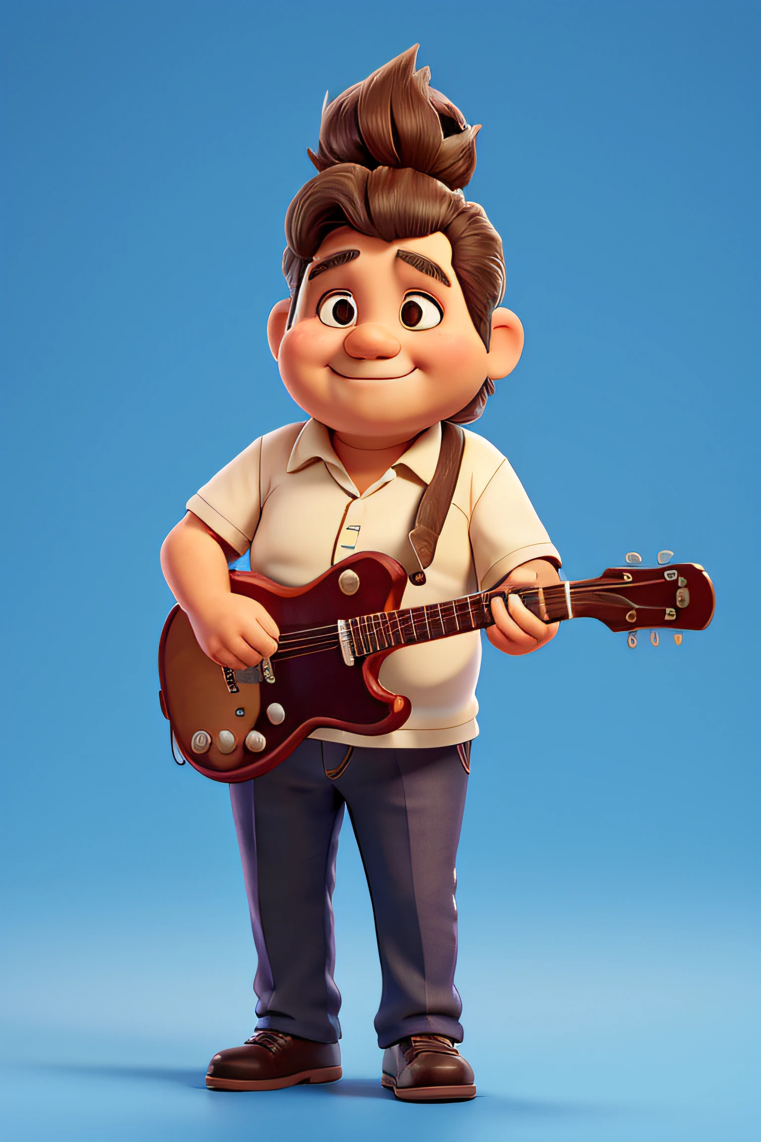 A chubby 62 year old musician character holding guitar, cabelo cacheado grisalho, de lateral com o plano de fundo azul