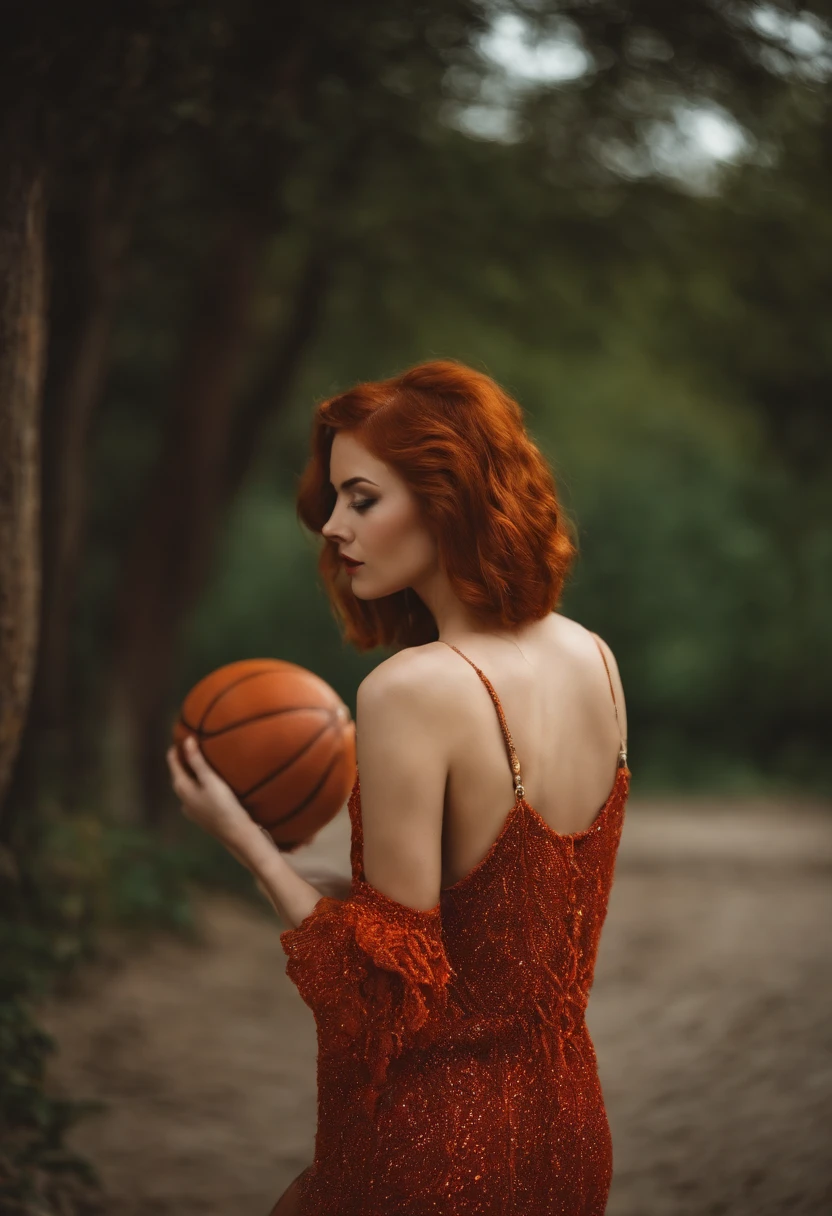 photo d'une femme rousse, cheveux long roux clair, habillée d'une tenue de pompom girl sexy, arrière plan terrain de basketball