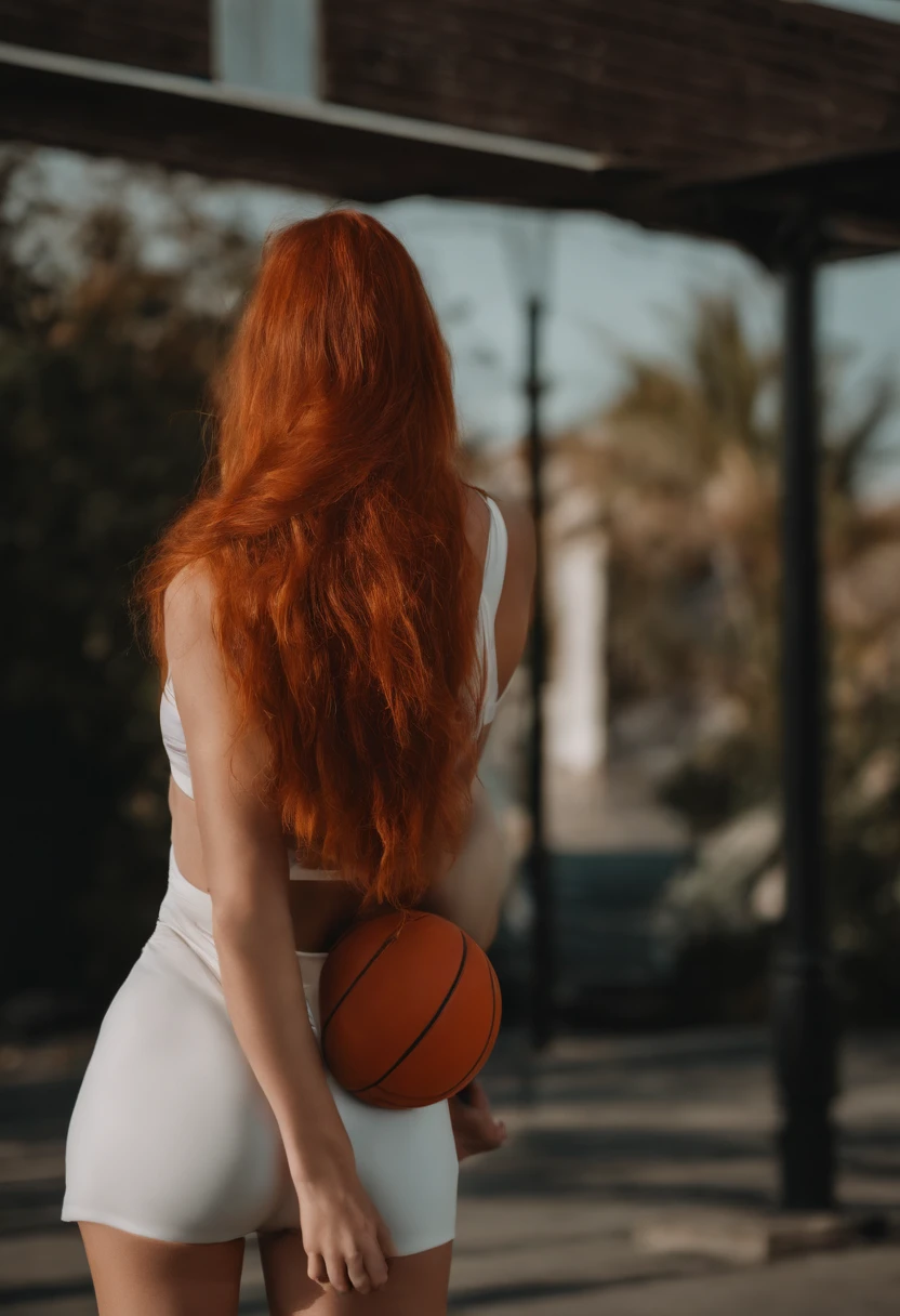 photo d'une femme rousse, cheveux long roux clair, habillée d'une tenue de pompom girl sexy, arrière plan terrain de basketball