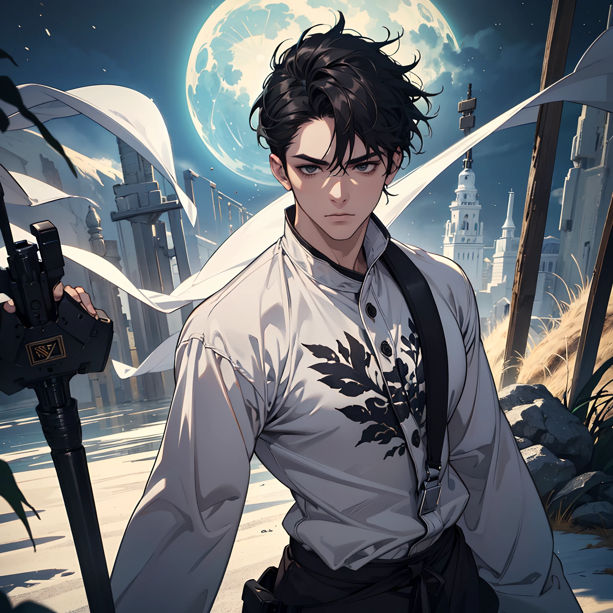 (best quality,4k,8k,highres,masterpiece:1.2),ultra-detailed,realistic,photorealistic:1.37,portrait,black hair,black eyes,short hair,man,sports pajama,white sword,moonlight,lush garden,calm expression,intense gaze,strong physique,athletic build,determined,warrior energy,dark atmosphere,subtle shadows,dynamic pose,sharp edges,vibrant colors