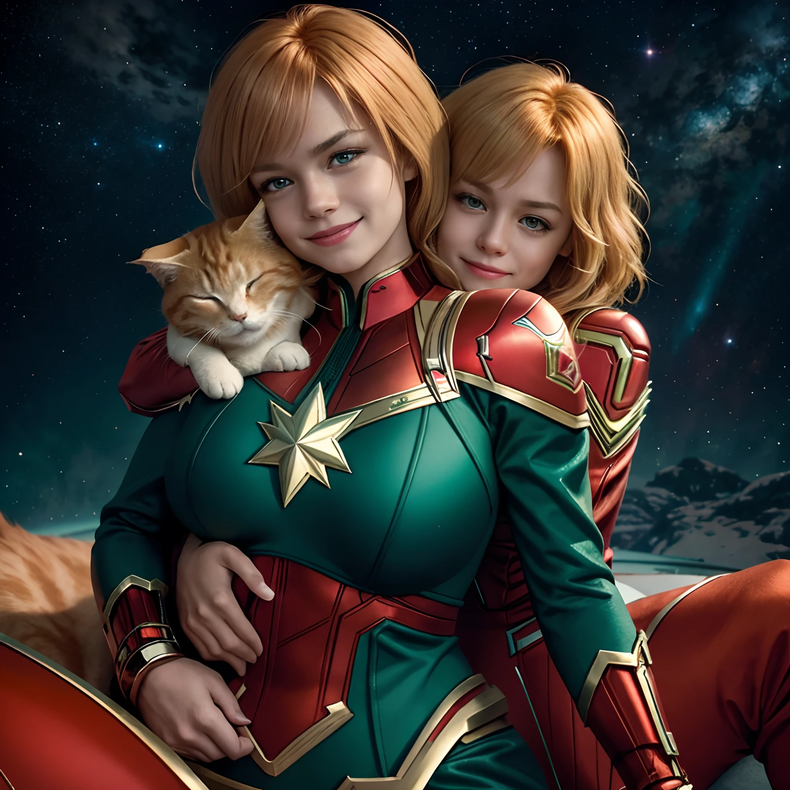 A fluffy orange tabby cat with green eyes and a red collar. The cat is sleeping on the lap of Captain Marvel, who is wearing her blue and red suit and smiling at the camera. Behind them is a starry sky and a spaceship. giga_busty