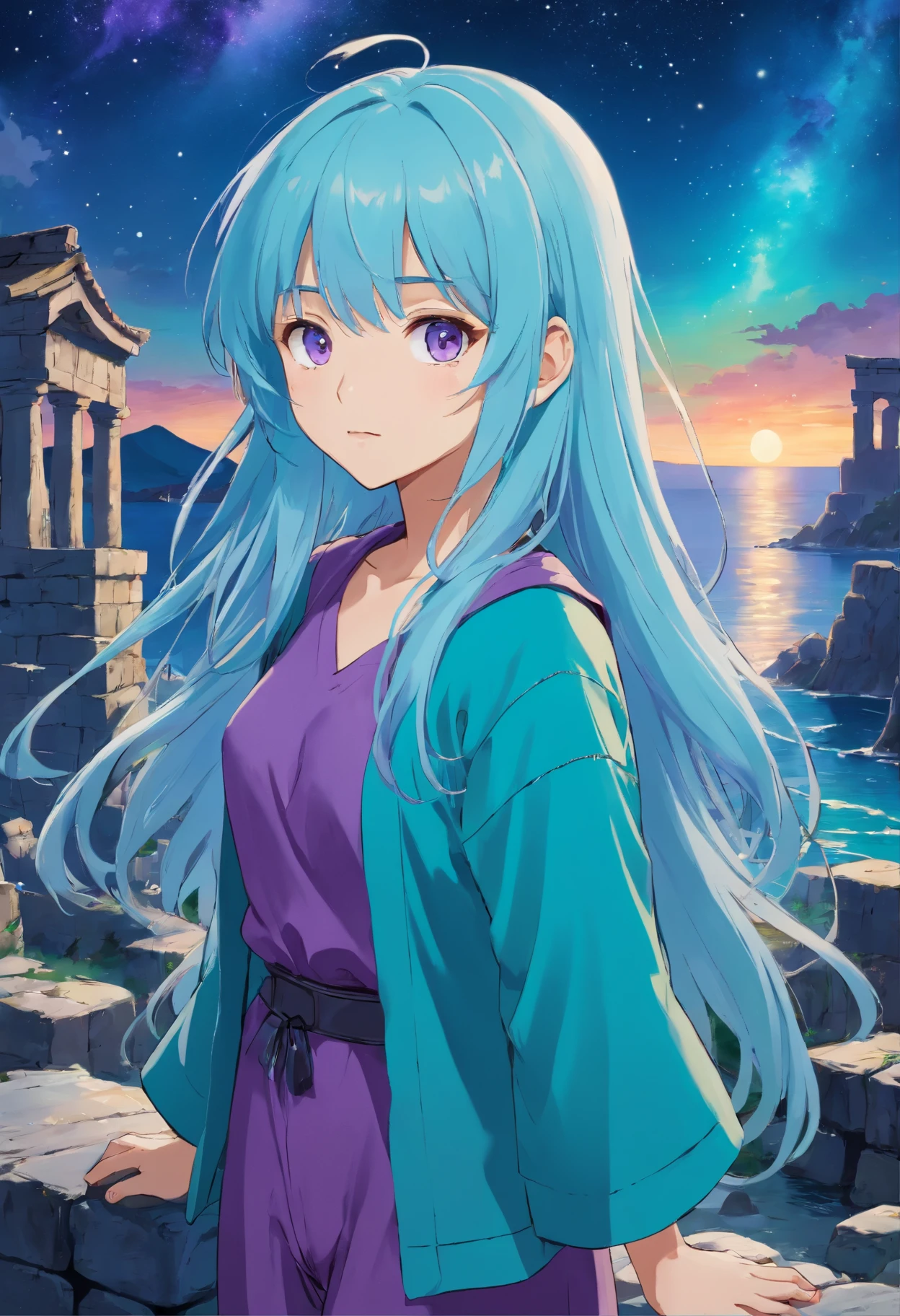 A beautiful young woman (1 girl) about 20 years old. Long light blue hair, straight hair, ((messy)) hair, ((bangs)) and big (right turquoise, left purple) eyes. Turquoise tunic and purple tide pants. Leather boots. Greek templo ruins background at night, with a starry sky.