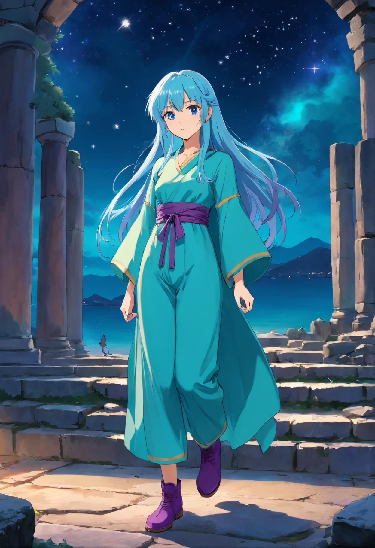 A beautiful young woman (1 girl) about 20 years old. Long light blue hair, straight hair, ((messy)) hair, ((bangs)) and big (right turquoise, left purple) eyes. Turquoise tunic and purple tide pants. Leather boots. Greek templo ruins background at night, with a starry sky.