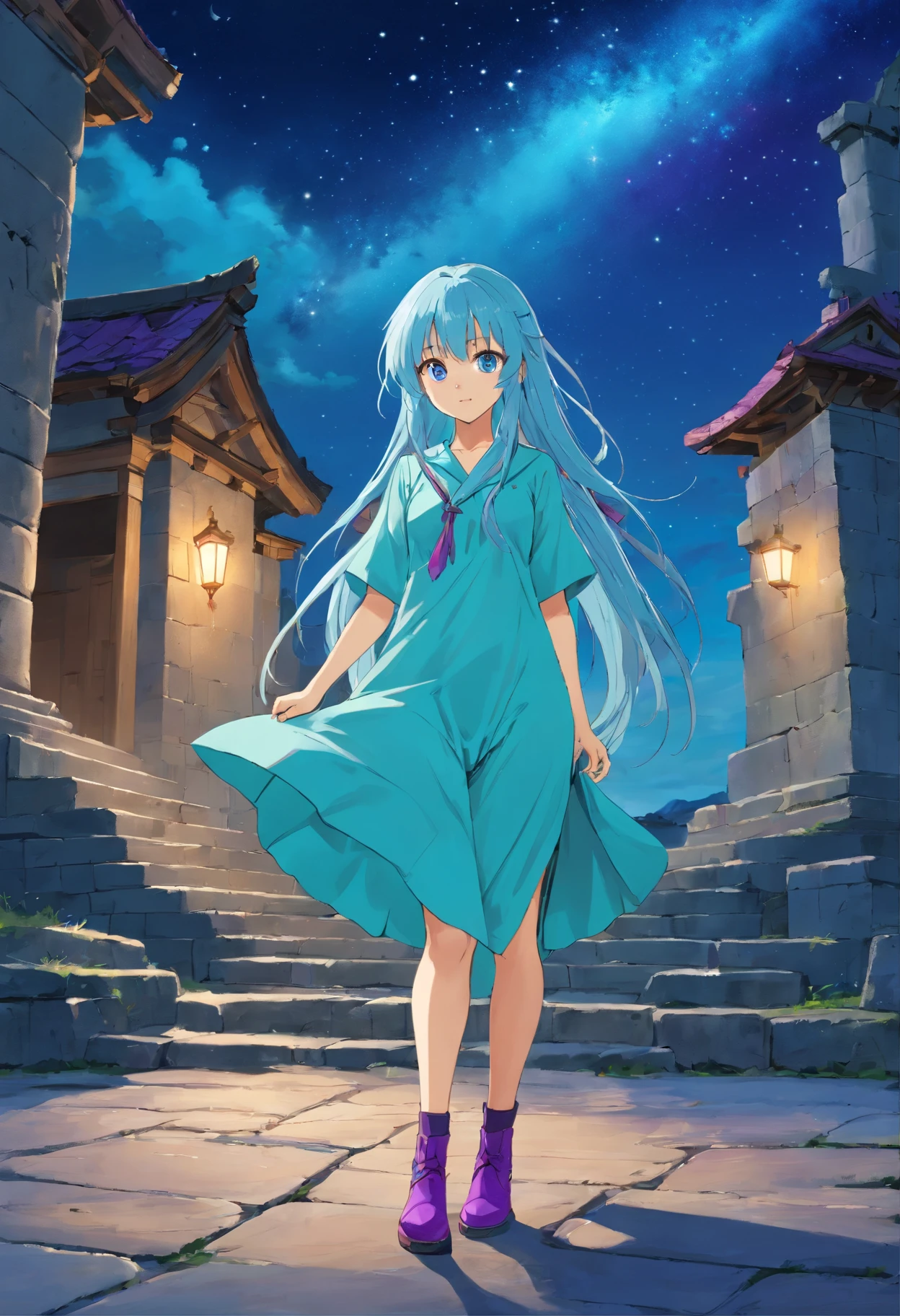 A beautiful young woman (1 girl) about 20 years old. Long light blue hair, straight hair, ((messy)) hair, ((bangs)) and big (right turquoise, left purple) eyes. Turquoise tunic and purple tide pants. Leather boots. Greek templo ruins background at night, with a starry sky.