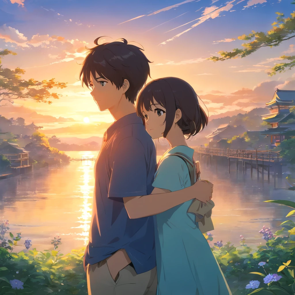 tmasterpiece，best qualtiy，A beautiful princess 13 years old and a man 17 years old in the Sengoku period of Japan,Heartbreaking love,evening,early summer,