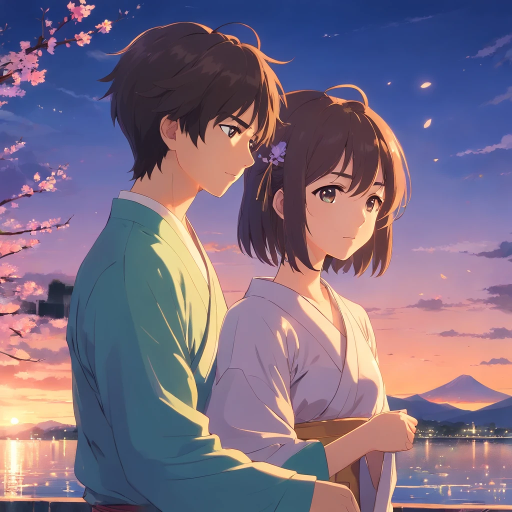 tmasterpiece，best qualtiy，A beautiful princess 13 years old and a man 17 years old in the Sengoku period of Japan,Heartbreaking love,evening,early summer,