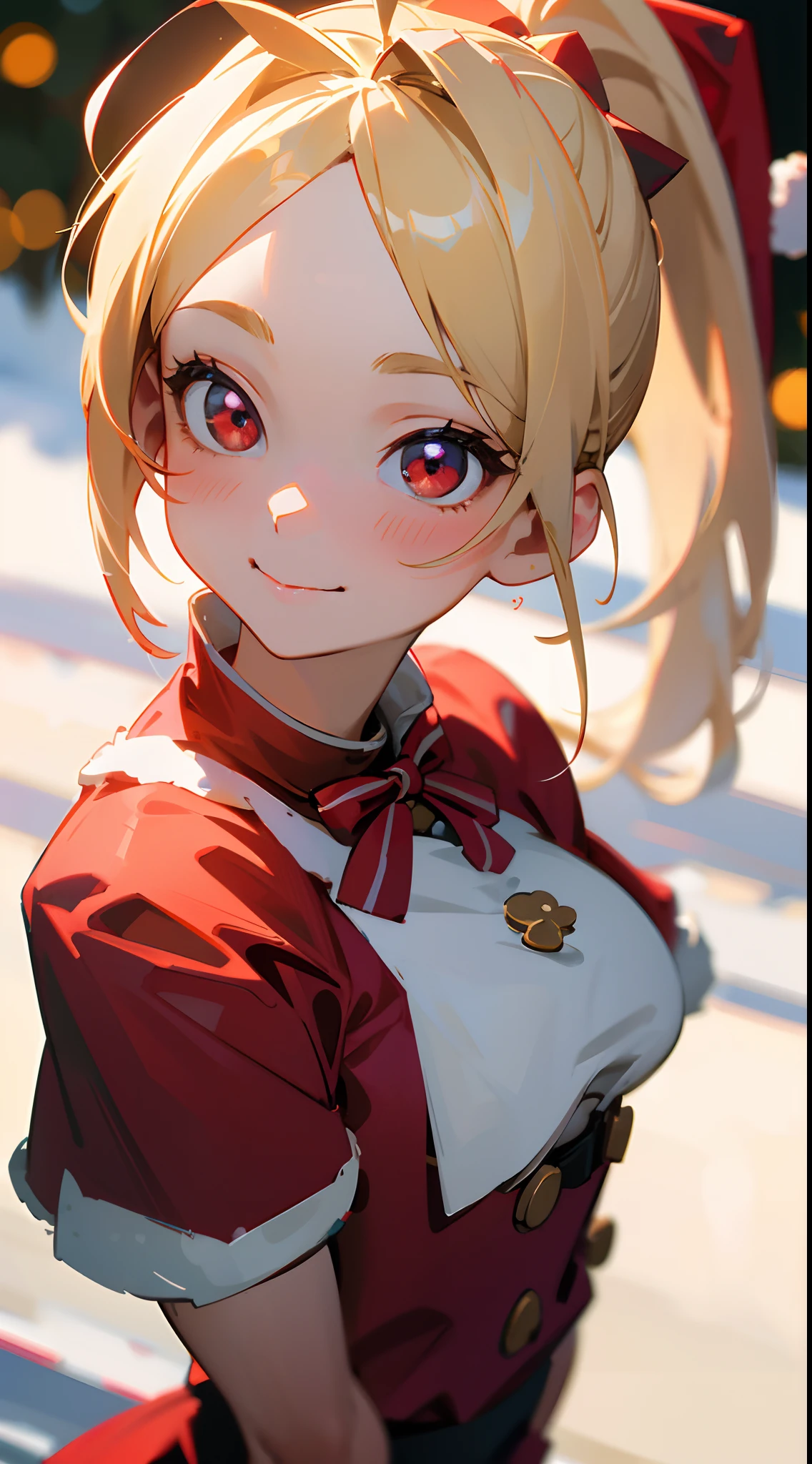 18 year old girl, Wearing Santa costumes、Blonde ponytail、Ahoge、big round red eyes、A slight smil、Laugh、small tits、Realistic painting in every detail, Christmas Outdoors、delicate detail、facial close-up