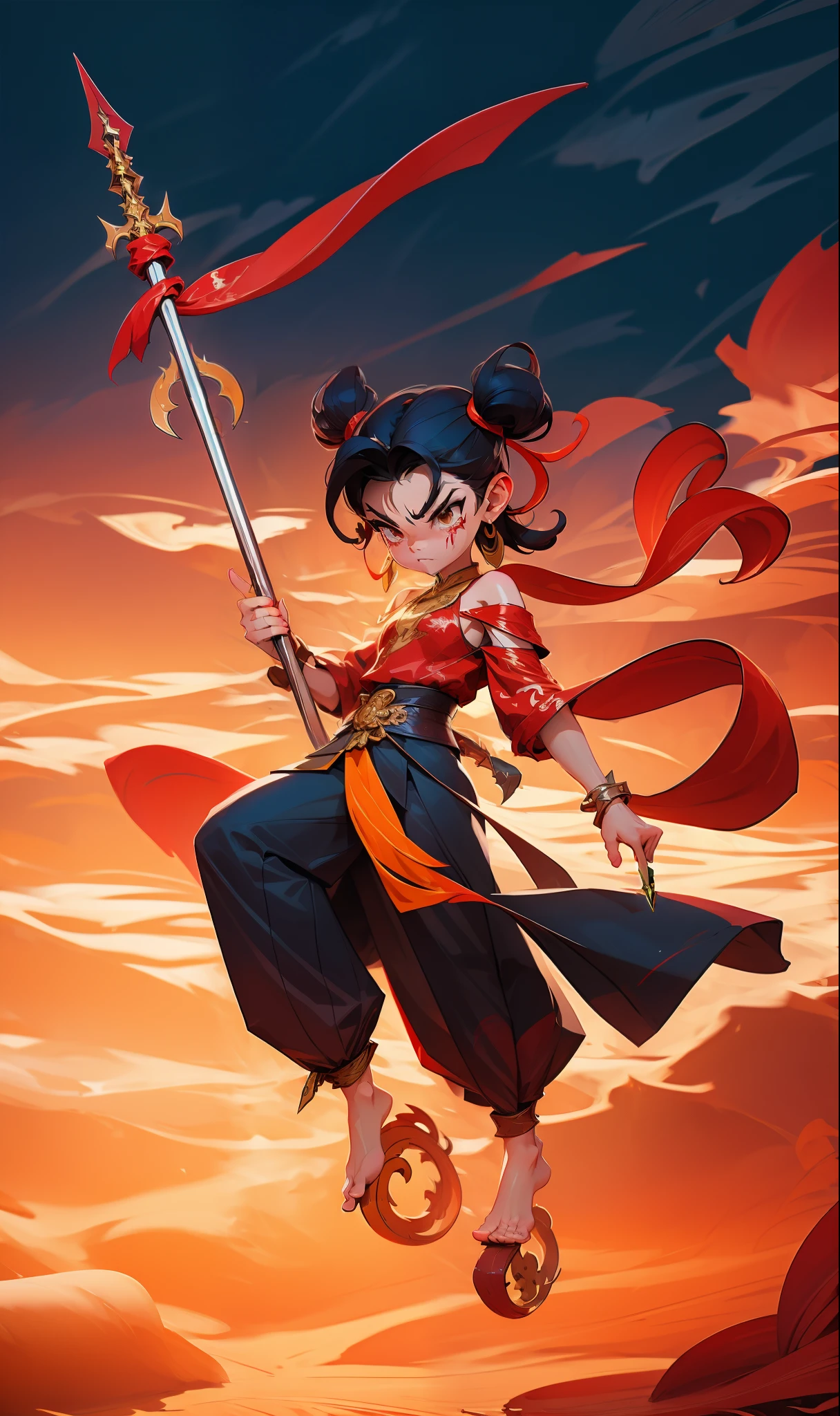 1girl, blood on face, angry, holding spear, (flying), chinese mythology,cloudy, detailed sky, abstract background, (flame_surge_style:0.5)