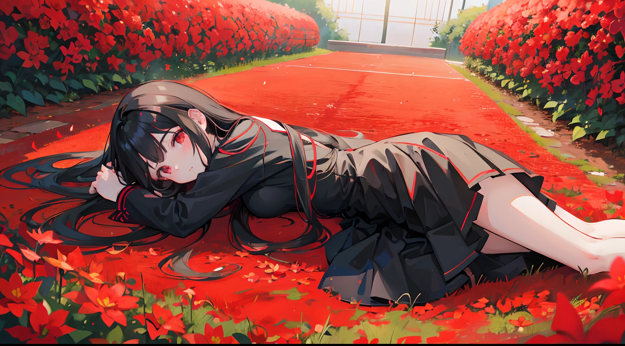 (Anime 1.5), (1girl), anime girl lying in a garden of red flowers, red butterflies, beautiful and highly detailed, long black hair, red school dress, black leggings,