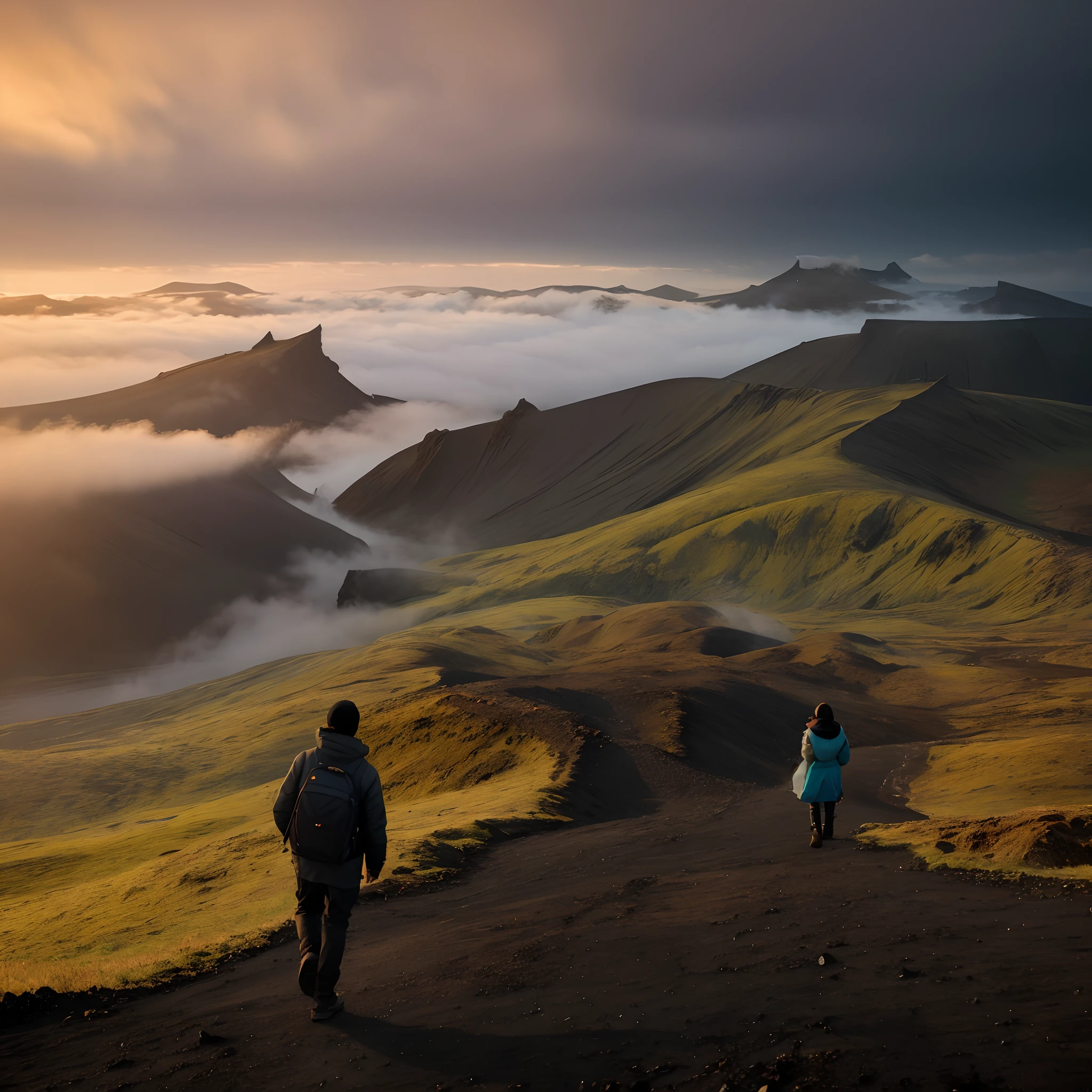 People walk on the hills，Cloudy sky in the background, max rive, iceland, by Raymond Han, walking above the clouds and fog, iceland photography, author：Alexander Jean, author：Shen Zhecai, marc adamus, author：xp-tan, volcano landscape, most epic landscape, breath-taking, author：Alexander Giemsky, author：Alexander Bogan