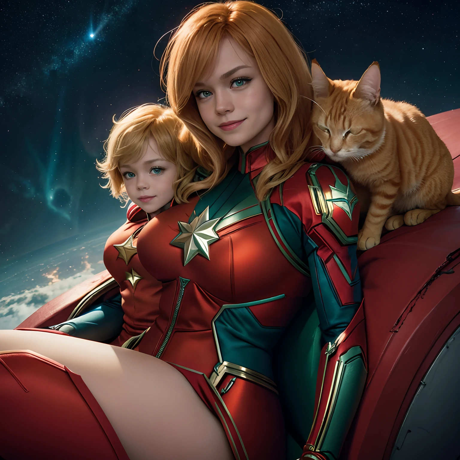A fluffy orange tabby cat with green eyes and a red collar. The cat is sleeping on the lap of Captain Marvel, who is wearing her blue and red suit and smiling at the camera. Behind them is a starry sky and a spaceship. giga_busty