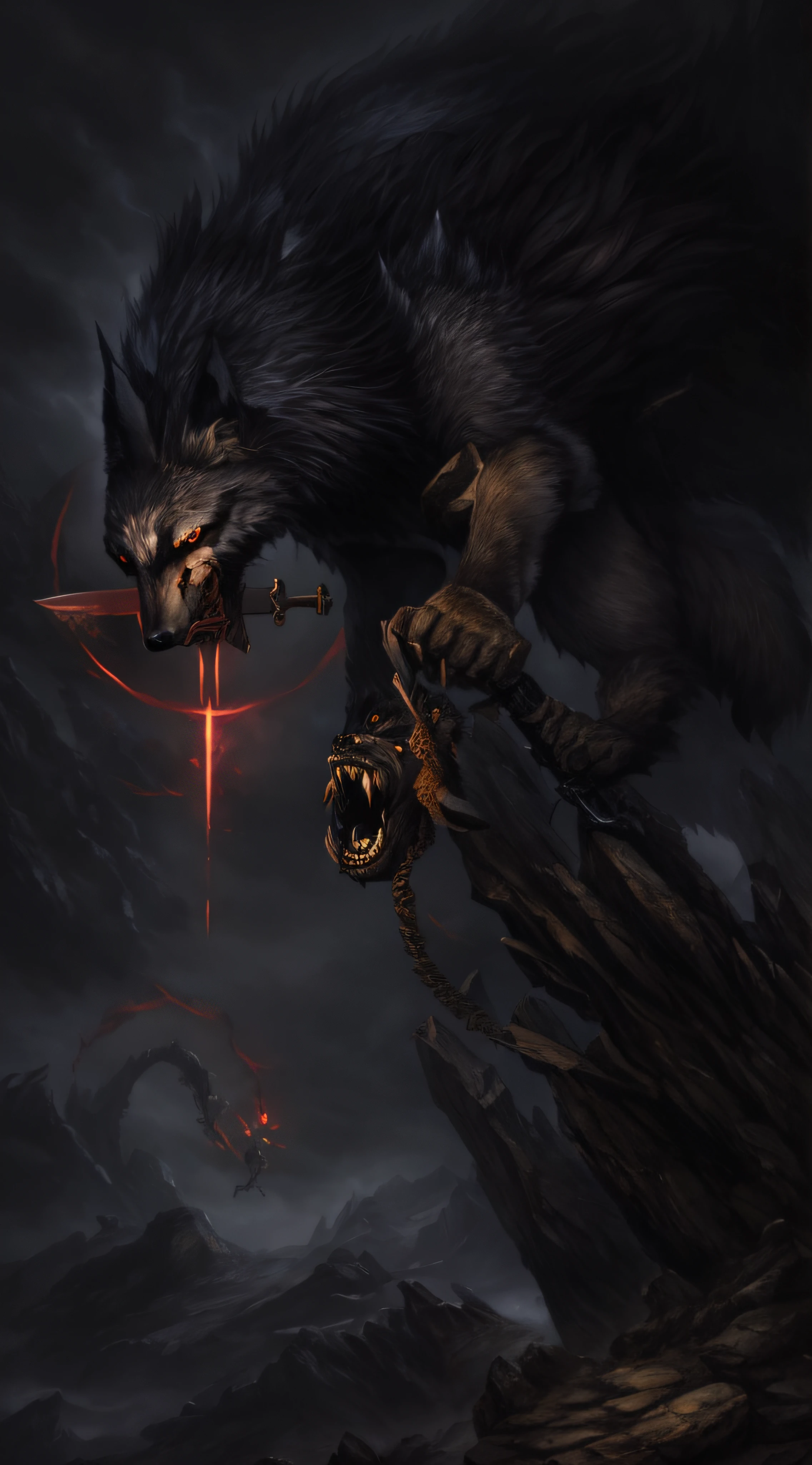 arafed wolf on a rock with a sword in its mouth, fenrir, dark fantasy style art, in style of dark fantasy art, wolf in hell, dark fantasy artwork, amazing d & d dark sun art, an ominous fantasy illustration, dark fantasy art, epic fantasy style art, demon-fang gnoll, old - school dark fantasy art