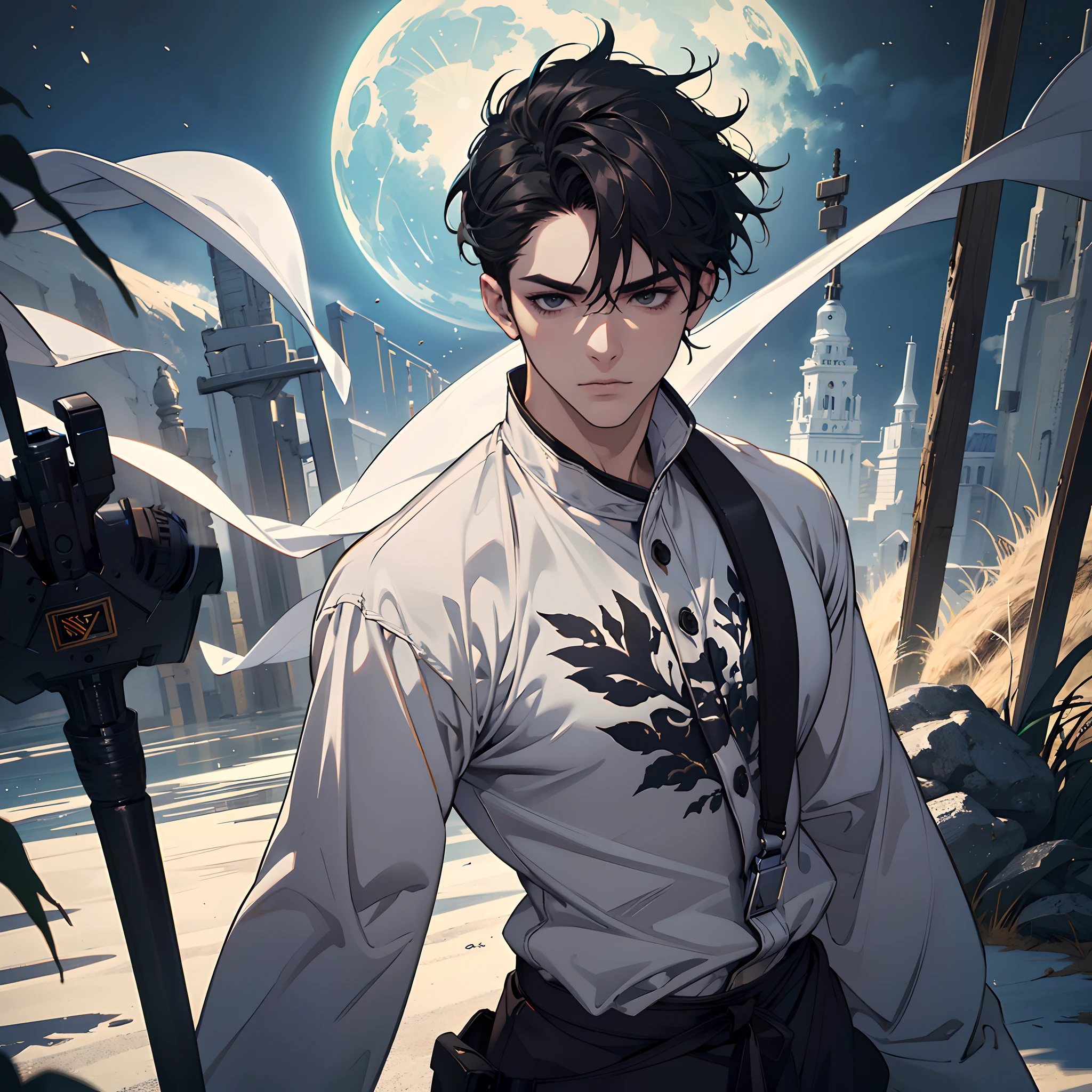 (best quality,4k,8k,highres,masterpiece:1.2),ultra-detailed,realistic,photorealistic:1.37,portrait,black hair,black eyes,short hair,man,sports pajama,white sword,moonlight,lush garden,calm expression,intense gaze,strong physique,athletic build,determined,warrior energy,dark atmosphere,subtle shadows,dynamic pose,sharp edges,vibrant colors