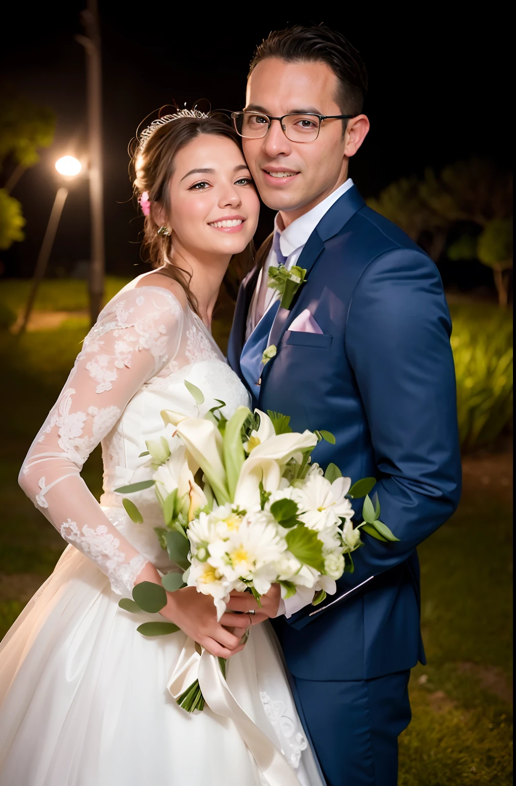 Bride and groom posing for a photo in a field at night, noivos, Malika Favre, Lovely couple, Jaqueline E, retrato de casal, Retrato no meio da foto, Casal feliz, fotografia de casamento profissional, fotografia de casamento, Directed by: Felipe Seade, retrato de casais, shot at night with studio lights, pose de casal, 1614572159