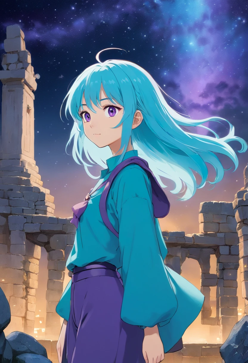 A beautiful young woman (1 girl) about 20 years old. powerful look. Imposing appearance. Long light blue hair, straight hair, ((messy)) hair, ((bangs)) and big (right turquoise, left purple) eyes. Turquoise blouse and purple tide pants. Leather boots. Greek templo ruins background at night, with a starry sky. Taurus constellation representation on sky.