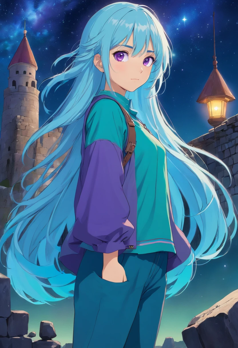 A beautiful young woman (1 girl) about 20 years old. powerful look. Imposing appearance. Long light blue hair, straight hair, ((messy)) hair, ((bangs)) and big (right turquoise, left purple) eyes. Turquoise blouse and purple tide pants. Leather boots. Greek templo ruins background at night, with a starry sky. Taurus constellation representation on sky.