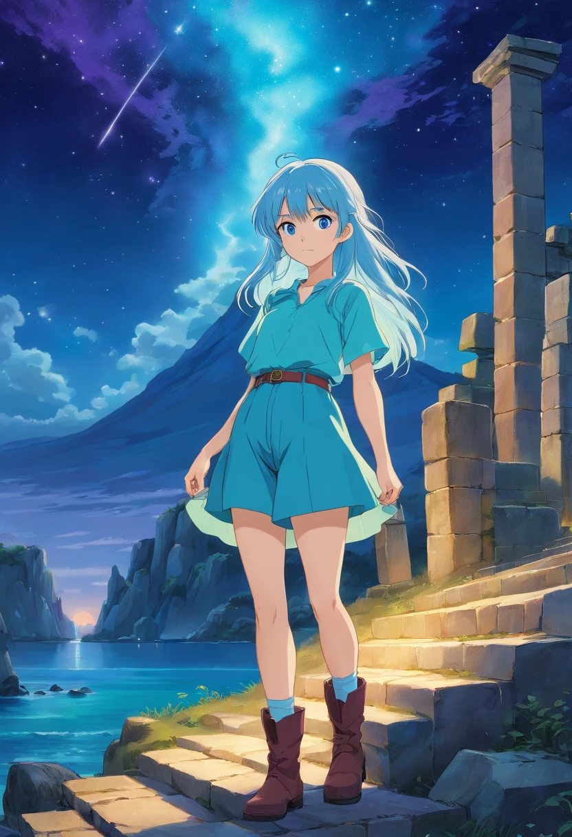 A beautiful young woman (1 girl) about 20 years old. powerful look. Imposing appearance. Long light blue hair, straight hair, ((messy)) hair, ((bangs)) and big (right turquoise, left purple) eyes. Turquoise blouse and purple tide pants. Leather boots. Greek templo ruins background at night, with a starry sky. Taurus constellation representation on sky.