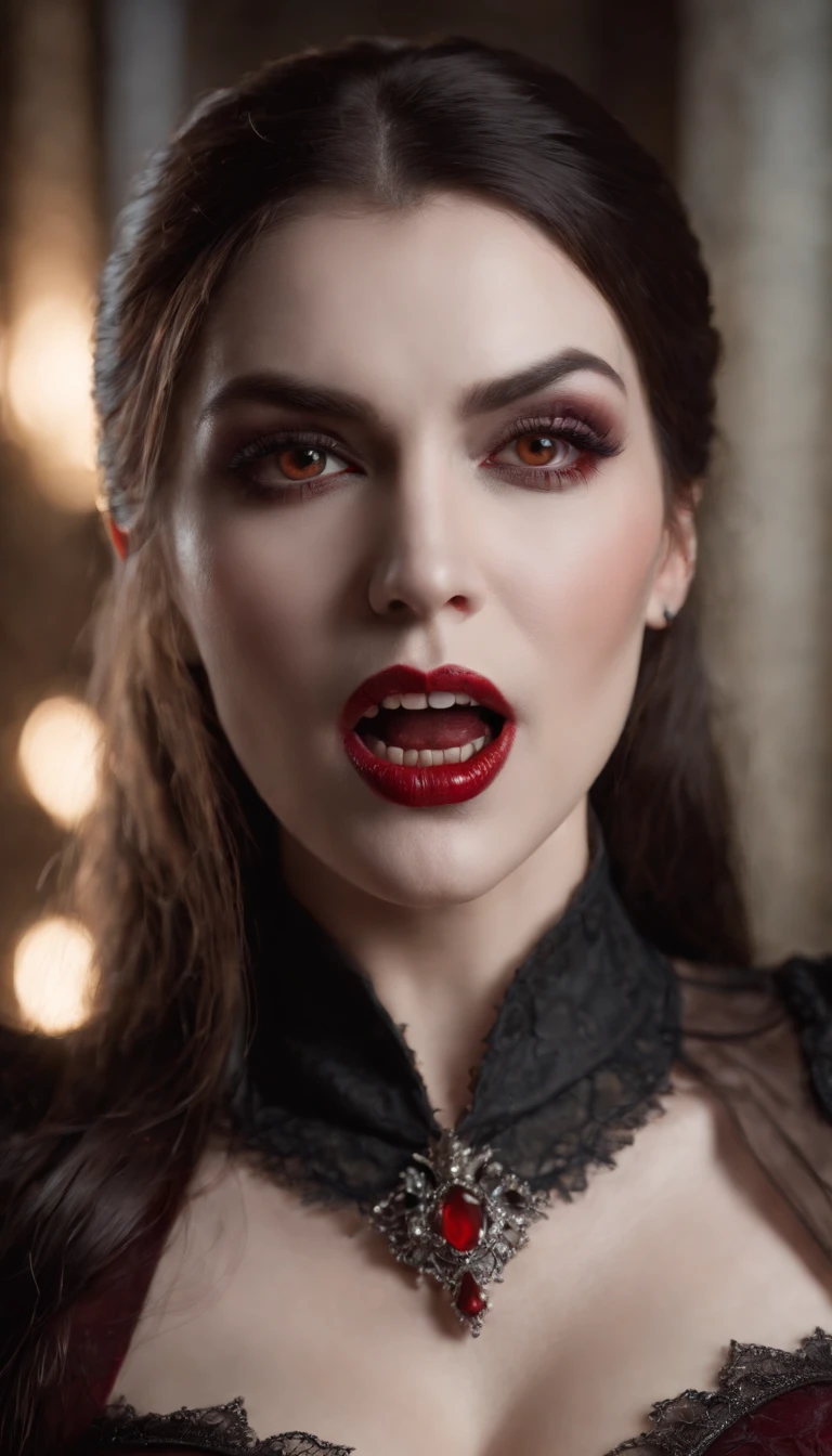 Vampire Queen, gigantic breasts, sexy clothes, visible fangs, blood around the mouth