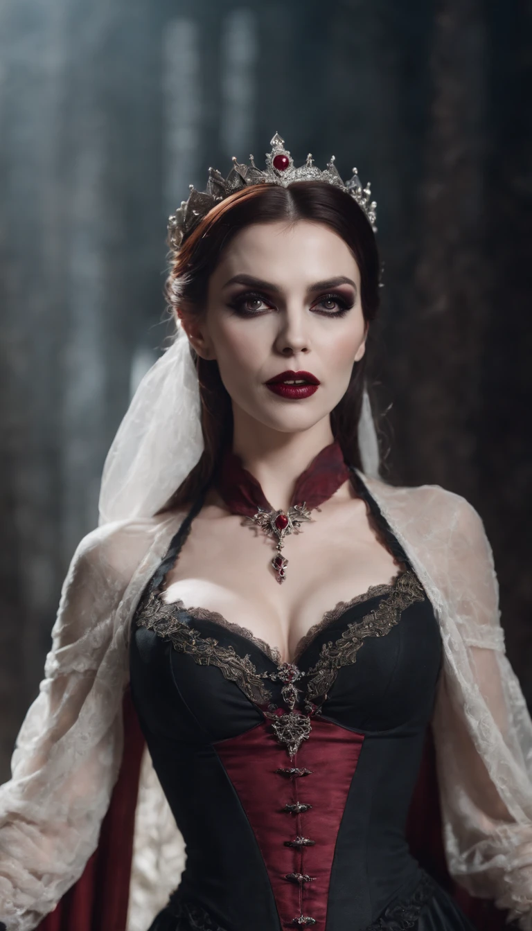 Vampire Queen, gigantic breasts, sexy clothes, visible fangs, blood around the mouth