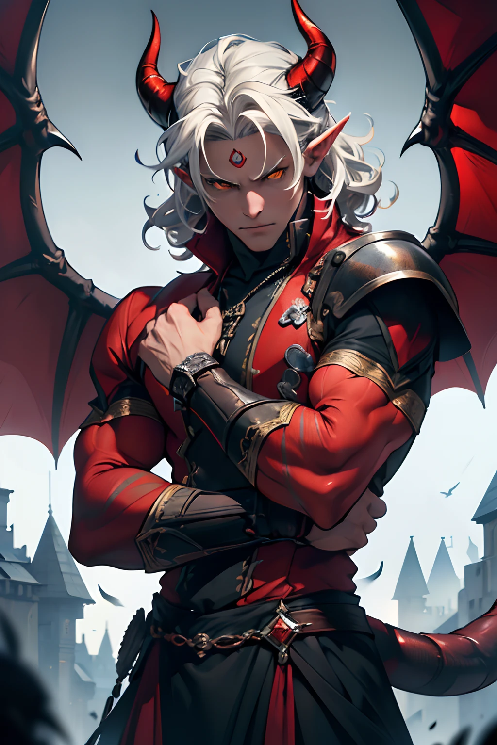 beste-Qualit, tmasterpiece, extra high resolution, Detailed, realisti, 独奏, The Man with the Gray Skin, demon, A devil with horns and curls that grow out of his forehead, red skin, Yellow eyes, tiefling, Devil's Tail, red skin color ,without wings, in full height, no wings, in clothes, Resident's clothes, fantasy, Medieval times, inhabitant, D&D, Horror \(subject\), Dark Fantasy, Depth of field, non-human,(Ultra-detailed:1.3), Finely detailed, Ultra-detailed, (dynamicpose:1.0),(centered, scale to fit the dimensions, the rule of thirds), hight resolution, sharp-focus,(Ultra Detailed, Extremely detailed),(Photorealistic works of art:1.37),(extremely detailed CG unity 8k wallpaper),(((bright colours, A striking theme))),(Intricate),(Masterpiece),(Best Quality).
