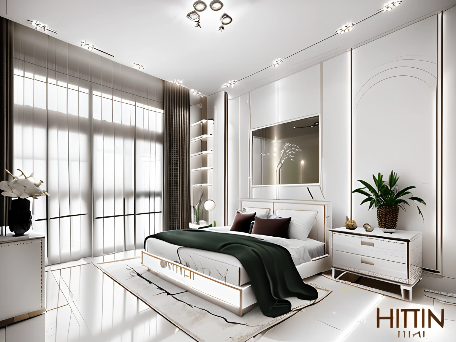 ((indoor neo classical bedroom scene.)), morden bedroom (about bedroom:1.3), (realistic), (masterpiece), super-detailed, ultra-realistic, (full detail), (high quality), (8k), (4k), 1 window from the wall to the ceiling, day light, (whiten tone:1.5), wall art.