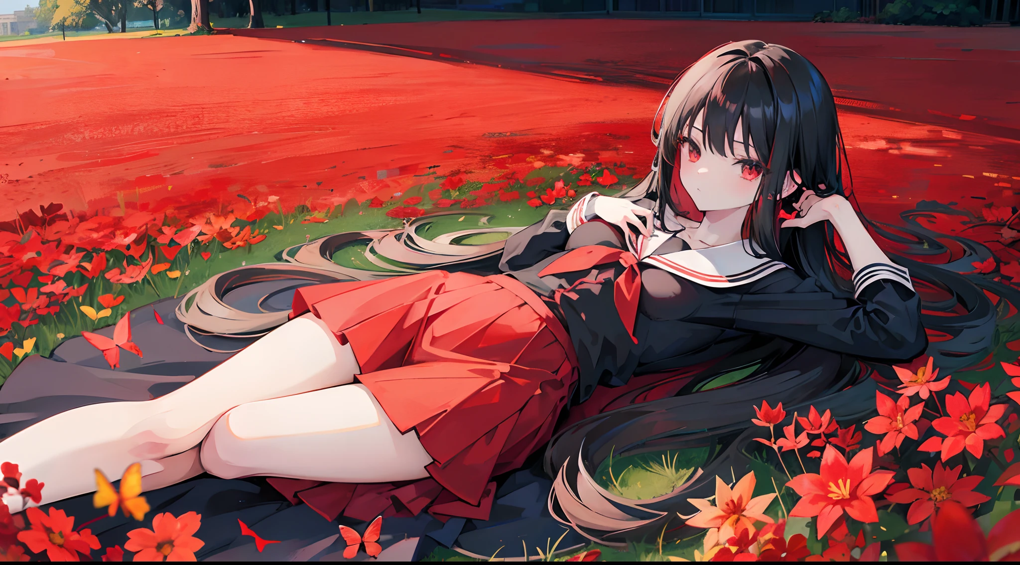 (Anime 1.5), (1girl), anime girl lying in a field of red flowers, red butterflies, beautiful and highly detailed, long black hair, red school dress, black leggings,