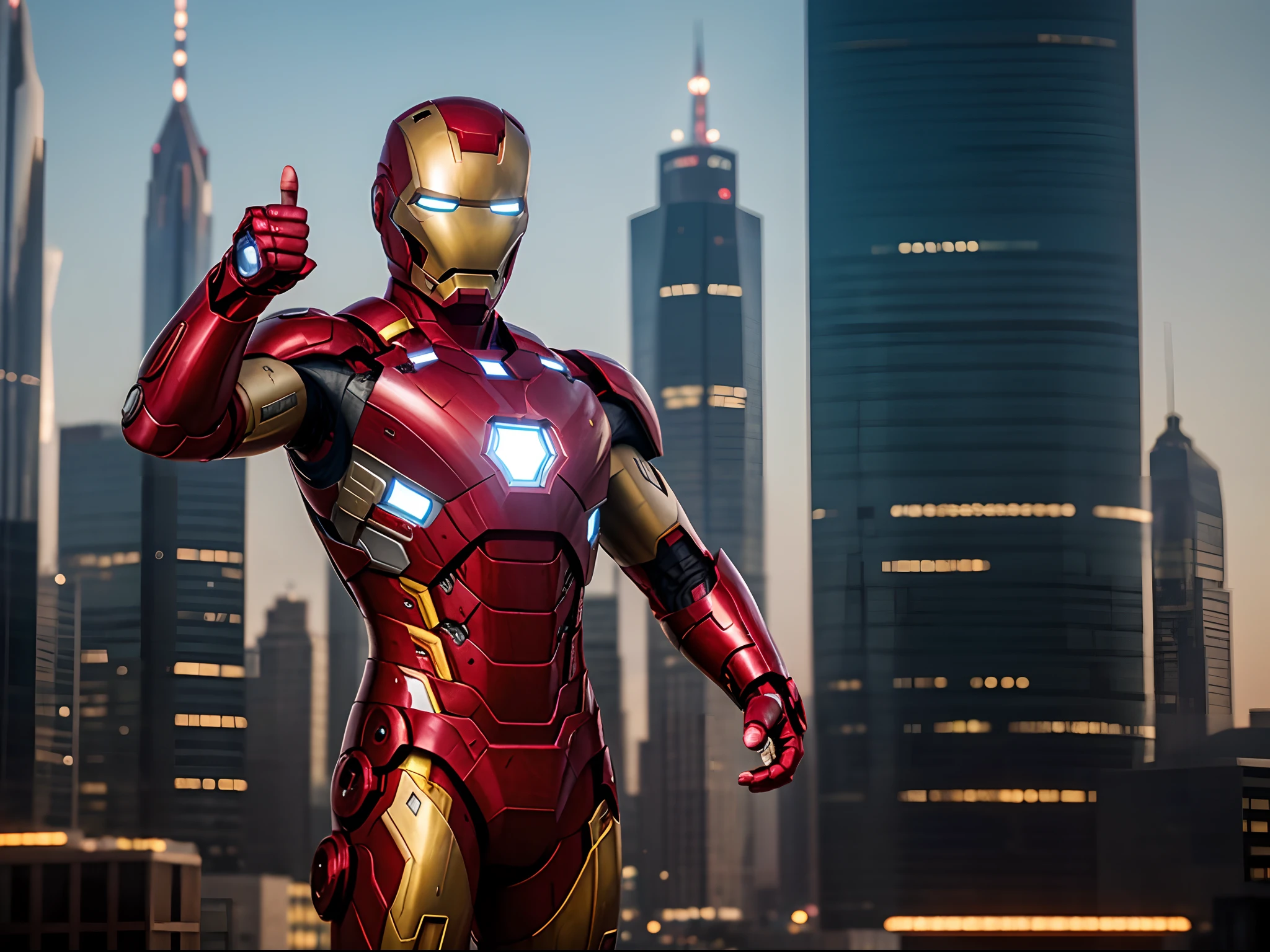 Tony Stark in his Iron Man suit, ((open helmet)), standing in a landscape setting. The suit is red and gold, (((and the helmet is open))). Tony is raising his right hand in a fist, (((with his thumb extended))). The background is a cityscape, with tall buildings and skyscrapers.