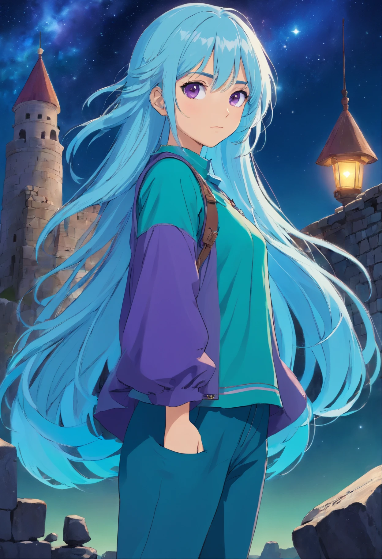 A beautiful young woman (1 girl) about 20 years old. powerful look. Imposing appearance. Long light blue hair, straight hair, ((messy)) hair, ((bangs)) and big (right turquoise, left purple) eyes. Turquoise blouse and purple tide pants. Leather boots. Greek templo ruins background at night, with a starry sky. Taurus constellation representation on sky.