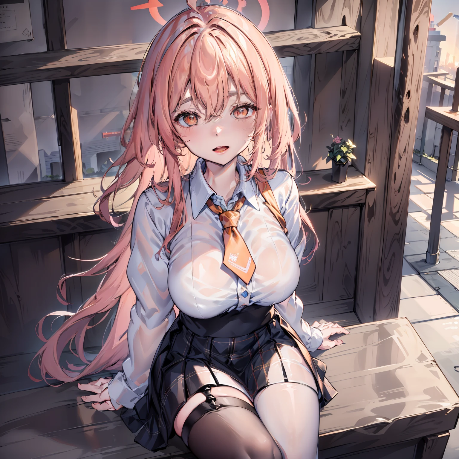 1girl, Hoshino (Blue Archive), 独奏, heterochromia, Pink hair, skirt, long  hair, necktie, ahoge, shirt, halo, plaid skirt, eyes blue, plaid,  looking at the scenes, white shirt, sitting, Orange Eyes, Chest harness, Possessed., long-sleeved, Identity card, open mouth, very long hair, collared shirt, smile, blue necktie, explosions, feet out of frame, between legs, Hand between legs, blush, Hair between the eyes, highres,巨作, Best Quality