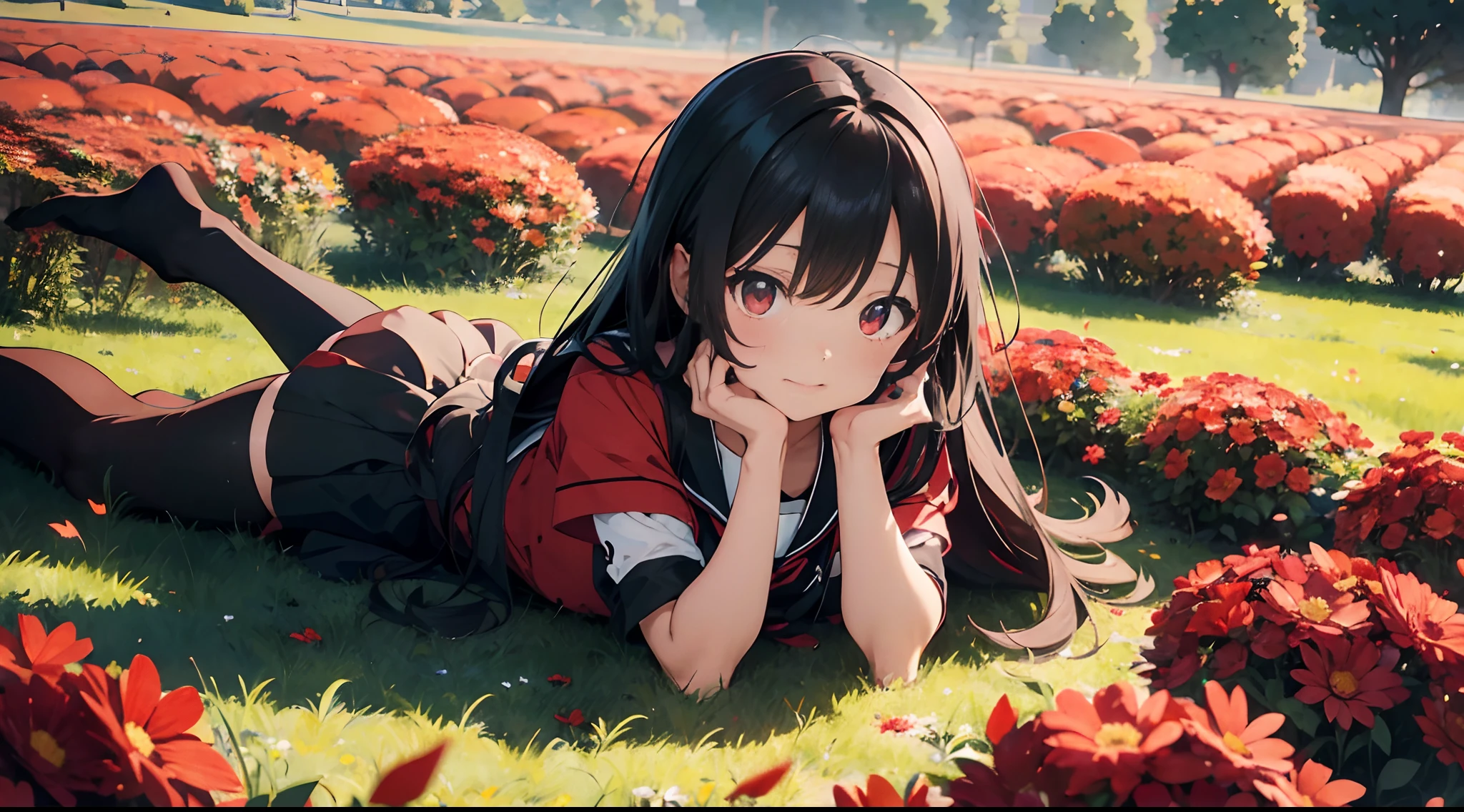 (Anime 1.5), (1girl), anime girl lying in a field of red flowers, red butterflies, beautiful and highly detailed, long black hair, red school dress, black leggings
