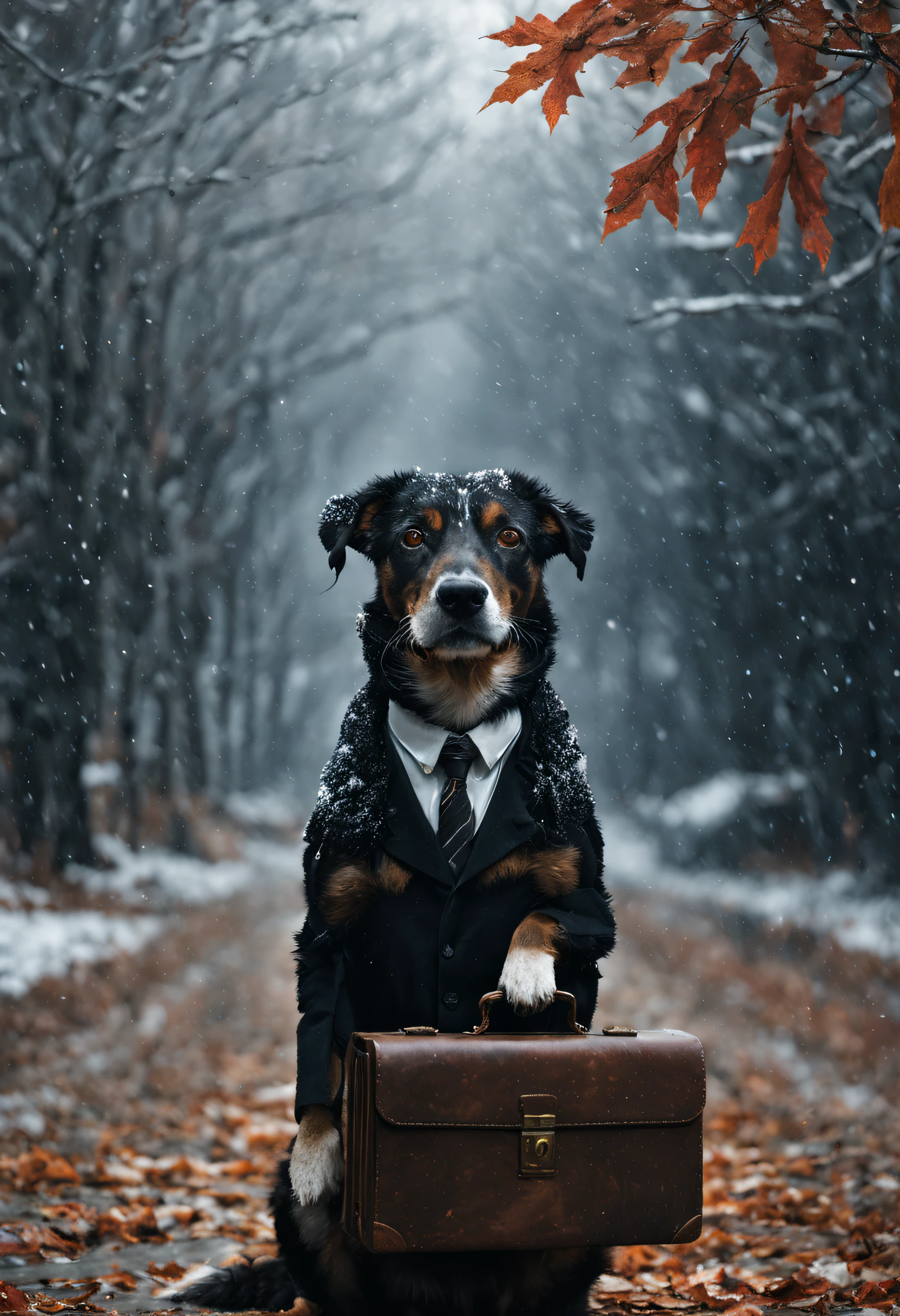 Pastoral dog, Stand like a human，dressed in a suit，holding a briefcase，Wearing a Christmas hat，First snow, slice, Partial snowfall, film movie still, Breathtaking, Falling leaves, melancholic mood, Paper-based, Nature whispered goodbye in the rustling gusts of wind, photo-realism, filmgrain, cinematic Film still from, Bokeh, intricately details, , Perfectcomposition, beautiful detailed intricate insanely detailed octane render trending on artstation, 8 k artistic photography, Arte conceptual fotorrealista, soft natural volumetric cinematic perfect light, Chiaroscuro, an award winning photograph, Masterpiece, oil on the canvas, raffael, Caravaggio, greg rutkovsky, beeple, beksinski, Jige