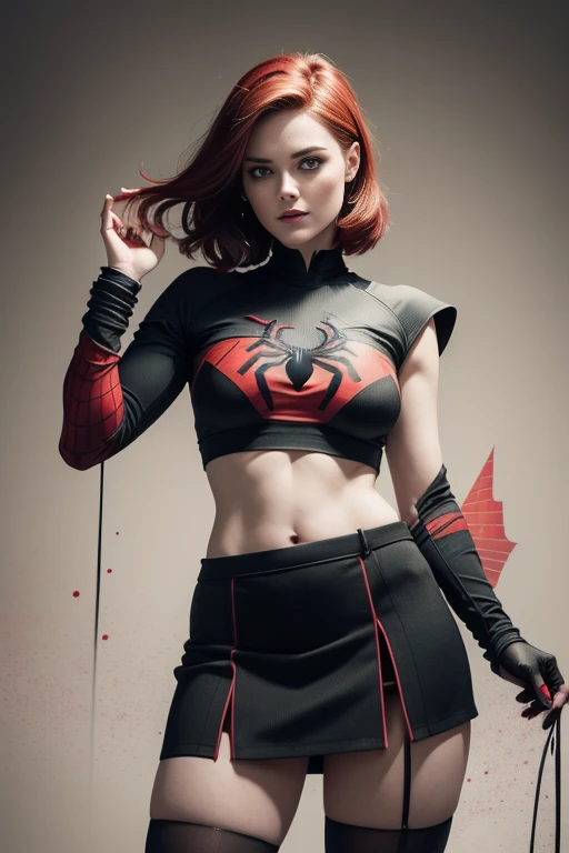 Milla Jovovich、Sticking out the navel、newyork、She wears a torn Spider-Man suit,wearing skirt、 Red and black color scheme,Dynamic、masterpiece、top-quality、ultra-detailliert、ighly detailed、beautiful detailed brilliance、超A high resolution