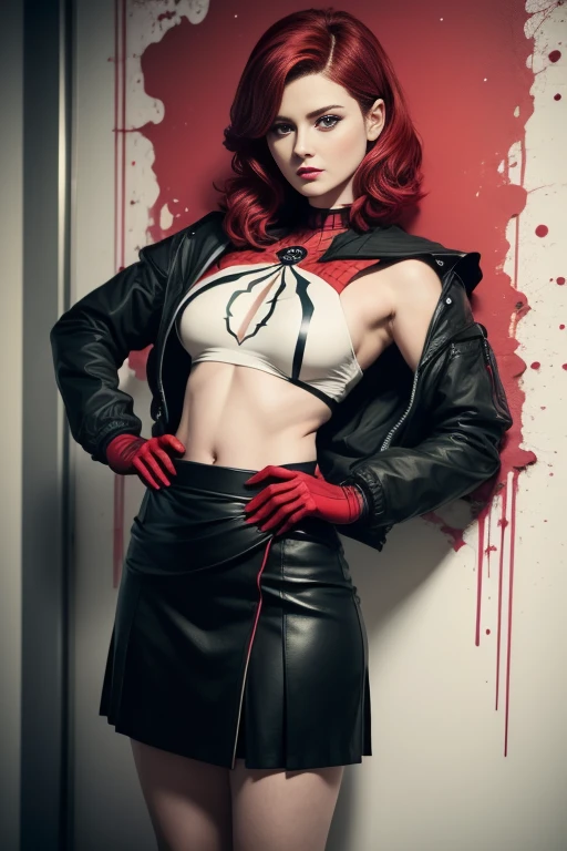 Alexandra Breckenridge、Sticking out the navel、newyork、She wears a torn Spider-Man suit,wearing skirt、 Red and black color scheme,Dynamic、masterpiece、top-quality、ultra-detailliert、ighly detailed、beautiful detailed brilliance、超A high resolution
