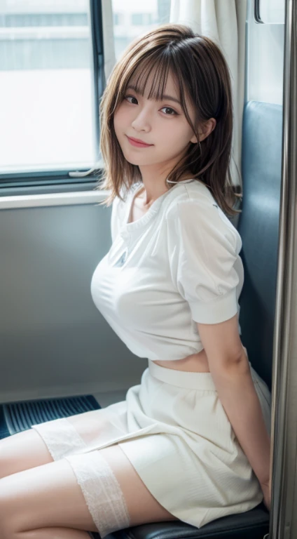 top-quality,ultra-detailliert,​masterpiece,realisitic,Photo Real,Bright lighting,1 girl in, an extremely beautiful , (kawaii:1.2),Thin smile, (Brown eyes),(long brown hair),(bangss),perfect glossy skin,Perfect white skin,((erotick,Sexy and sexually explicit)),((accurate hands without incongruity)), large full breasts,big breasts thin waist, Look at viewers,,((Short sleeved white shirt)),(),(White slit skirt),(((skirt lift by yourself))),(lifted by self),(((Show lewd parts))),I don't wear panties.,Dirty Focus,((Sit up,spread legswide)), sockes, (Black knee socks),(Loafer shoes), during daytime,On the train,Horizontal long seat with your back to the window