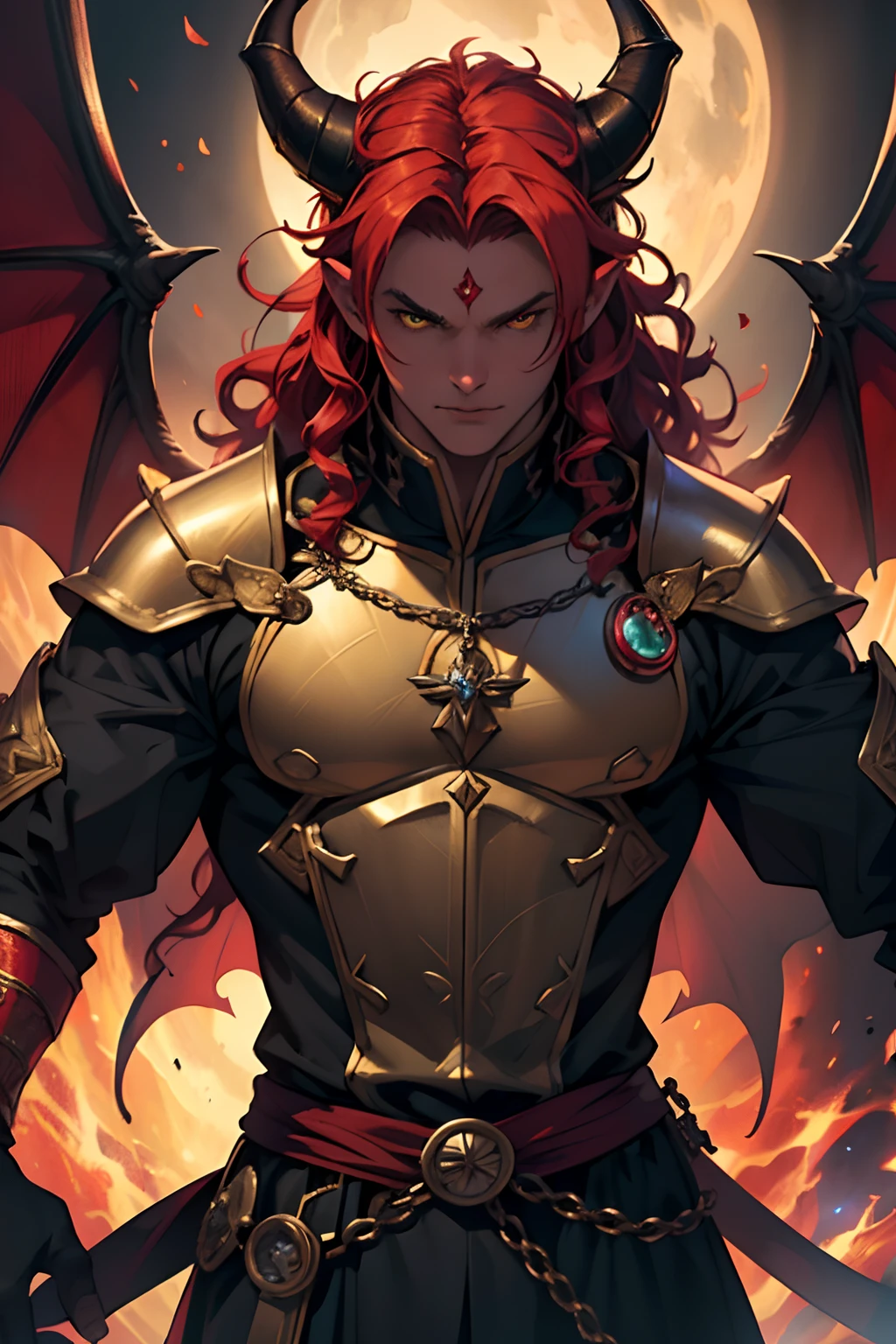 beste-Qualit, tmasterpiece, extra high resolution, Detailed, realisti, 独奏, The Man with the Red Skin, with horns, curls that grow from the forehead, red skin, Yellow eyes, tiefling, Devil's Tail, red skin color ,without wings, in full height, no wings, in clothes, Resident's clothes, fantasy, Medieval times, inhabitant, D&D, Horror \(subject\), Dark Fantasy, Depth of field, non-human,(Ultra-detailed:1.3), Finely detailed, Ultra-detailed, (dynamicpose:1.0),(centered, scale to fit the dimensions, the rule of thirds), hight resolution, sharp-focus,(Ultra Detailed, Extremely detailed),(Photorealistic works of art:1.37),(extremely detailed CG unity 8k wallpaper),(((bright colours, A striking theme))),(Intricate),(Masterpiece),(Best Quality).